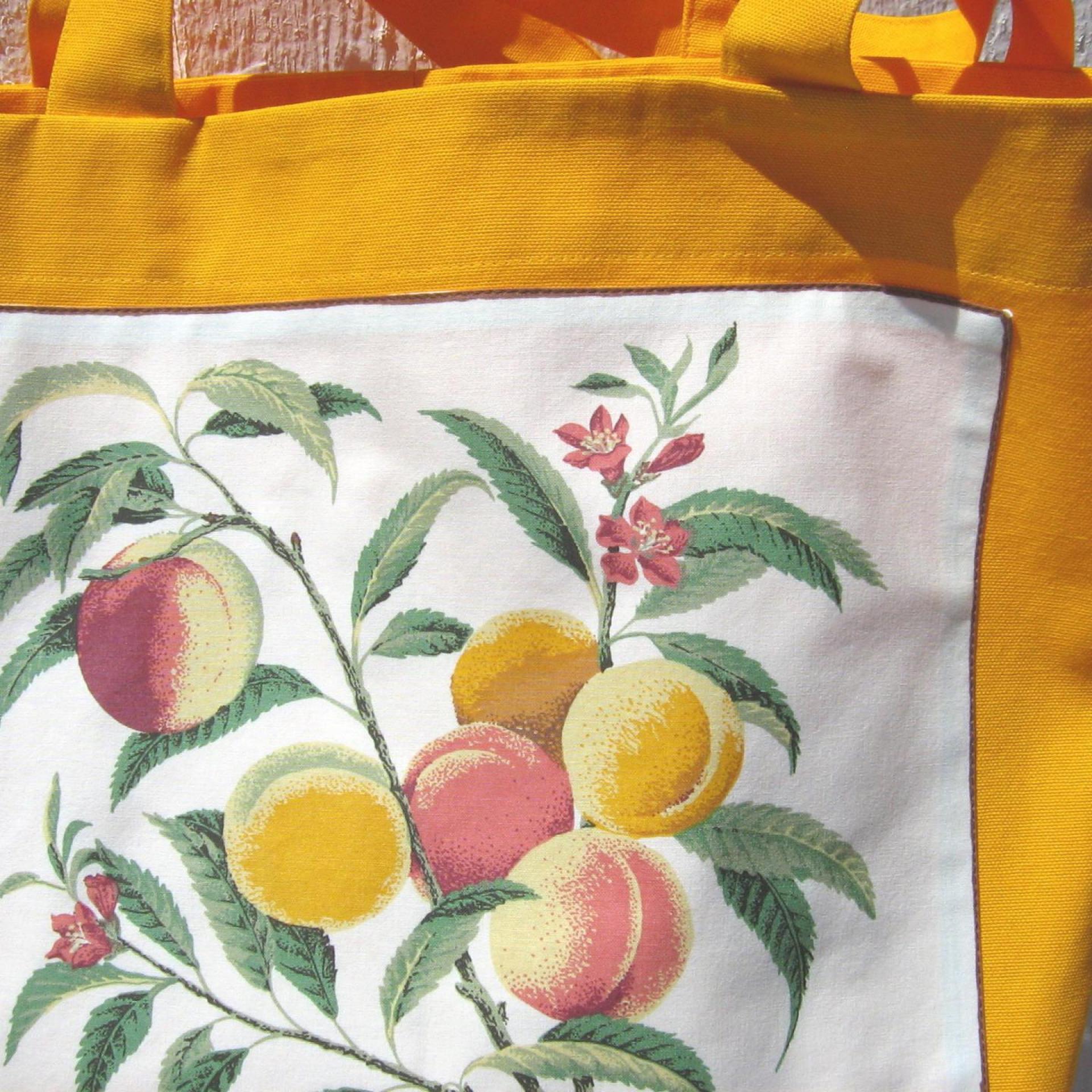 Fabric Shopping Bag, Orange Duck Canvas Tote with Vintage Peach Botanical Illustration, Eco-Friendly