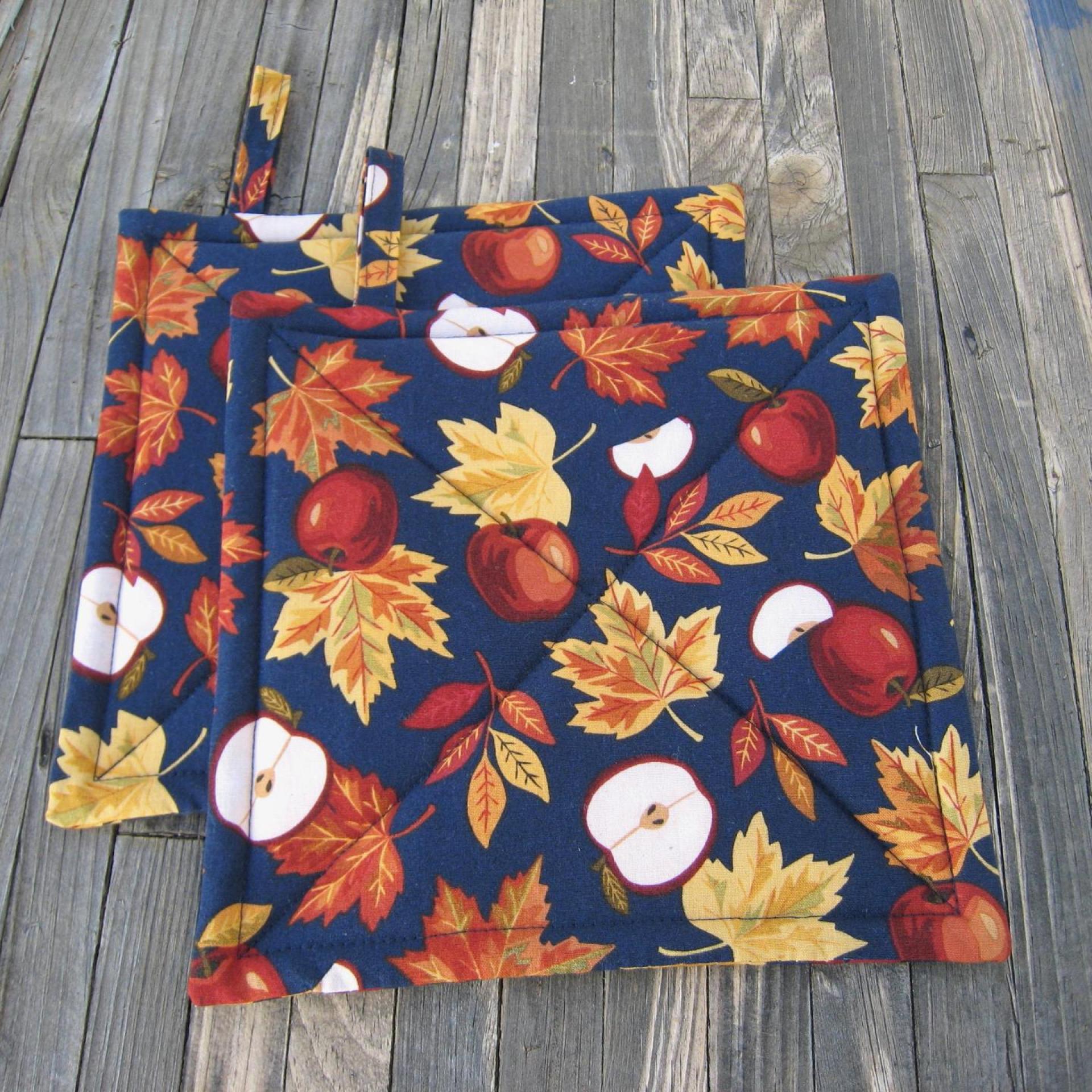 Apples & Maple Leaves Potholders, Autumn Décor Quilted Hot Pads, USA Hand Made, Wrapped for Gift Giving