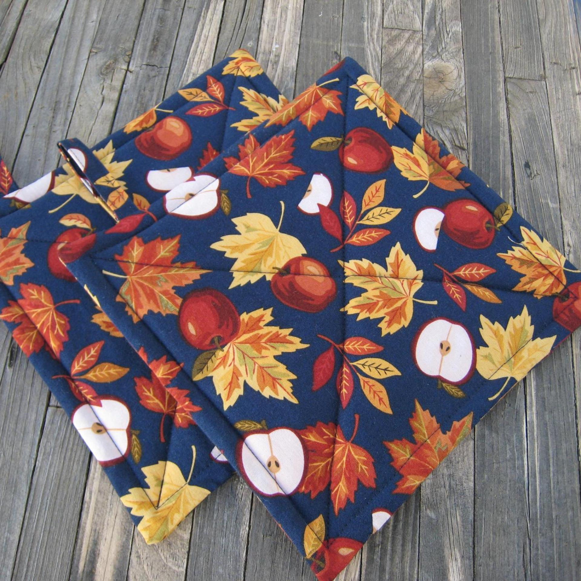 Apples & Maple Leaves Potholders, Autumn Décor Quilted Hot Pads, USA Hand Made, Wrapped for Gift Giving