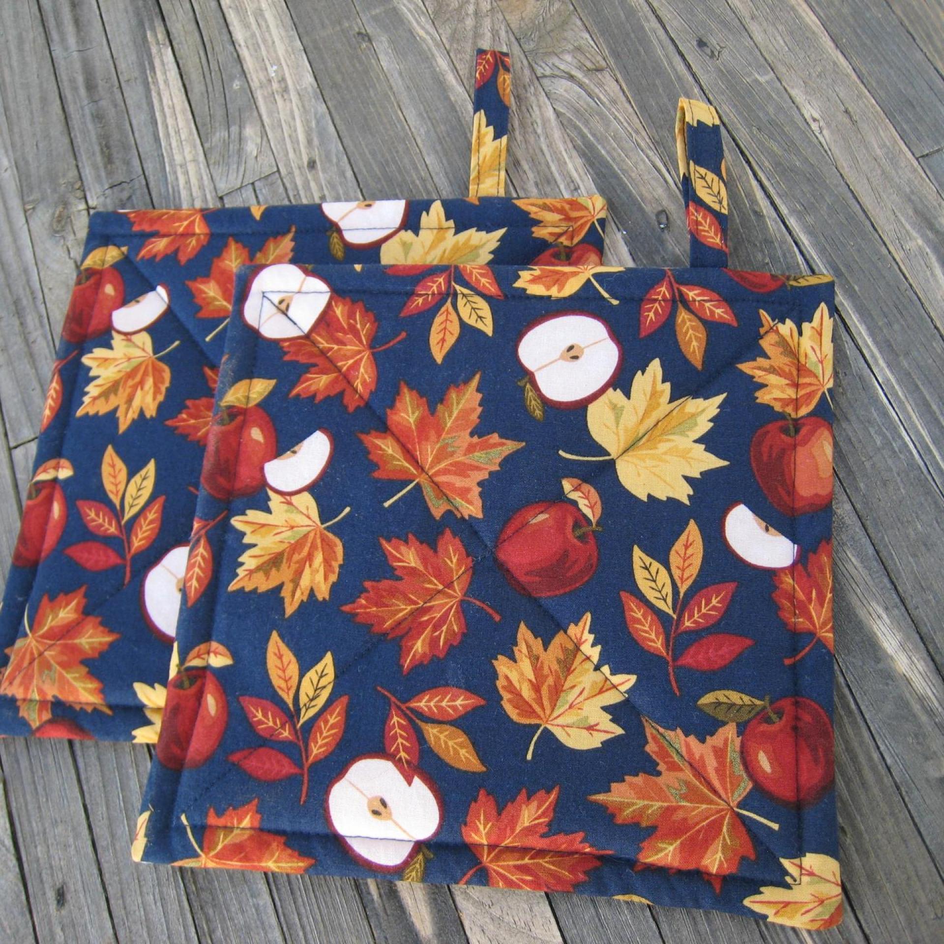 Apples & Maple Leaves Potholders, Autumn Décor Quilted Hot Pads, USA Hand Made, Wrapped for Gift Giving