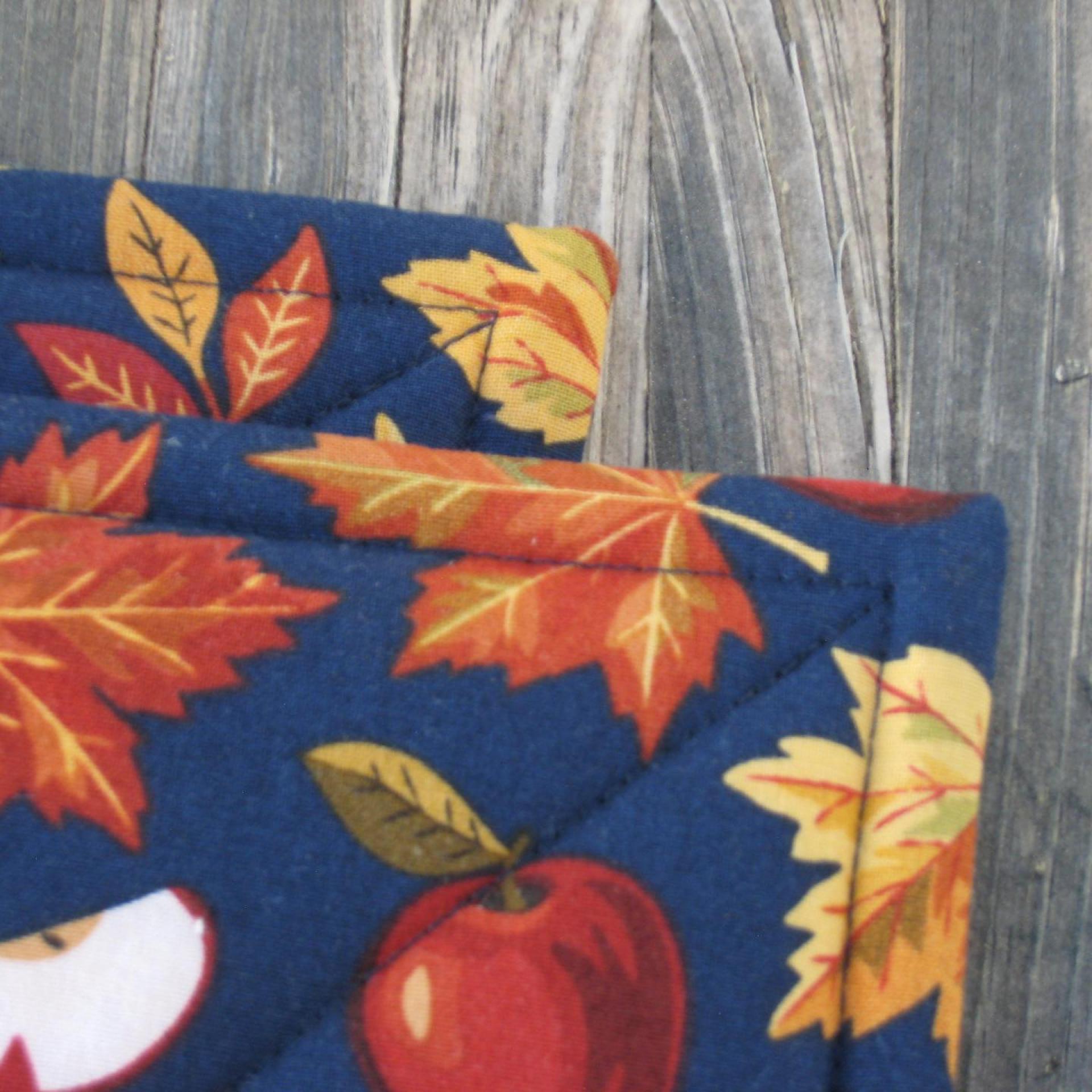 Apples & Maple Leaves Potholders, Autumn Décor Quilted Hot Pads, USA Hand Made, Wrapped for Gift Giving