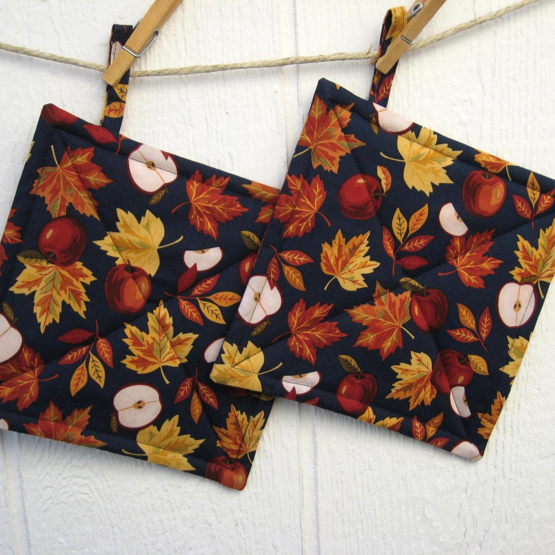 Apples & Maple Leaves Potholders, Autumn Décor Quilted Hot Pads, USA Hand Made, Wrapped for Gift Giving