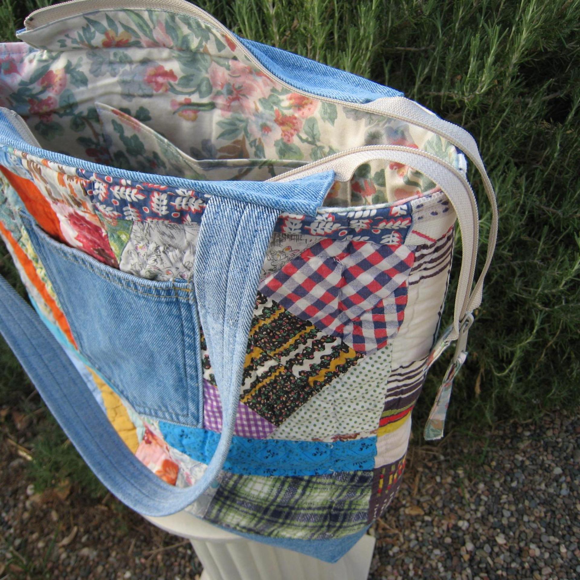 Granny Quilt Tote #1, Upcycled Vintage Scrap Patchwork Bag with Zipper, USA Hand Made