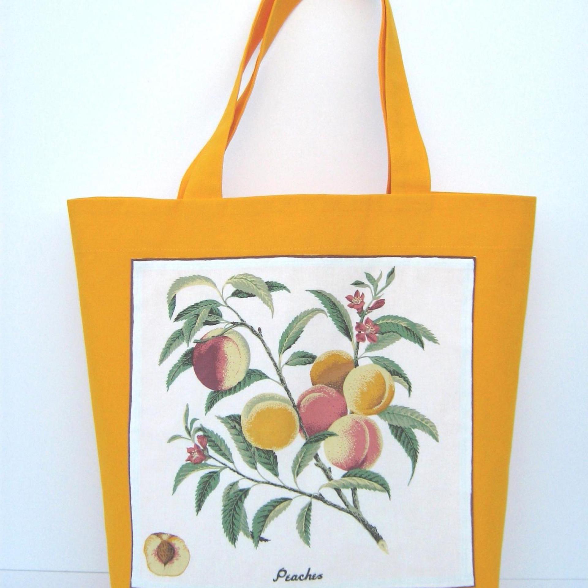Fabric Shopping Bag, Orange Duck Canvas Tote with Vintage Peach Botanical Illustration, Eco-Friendly