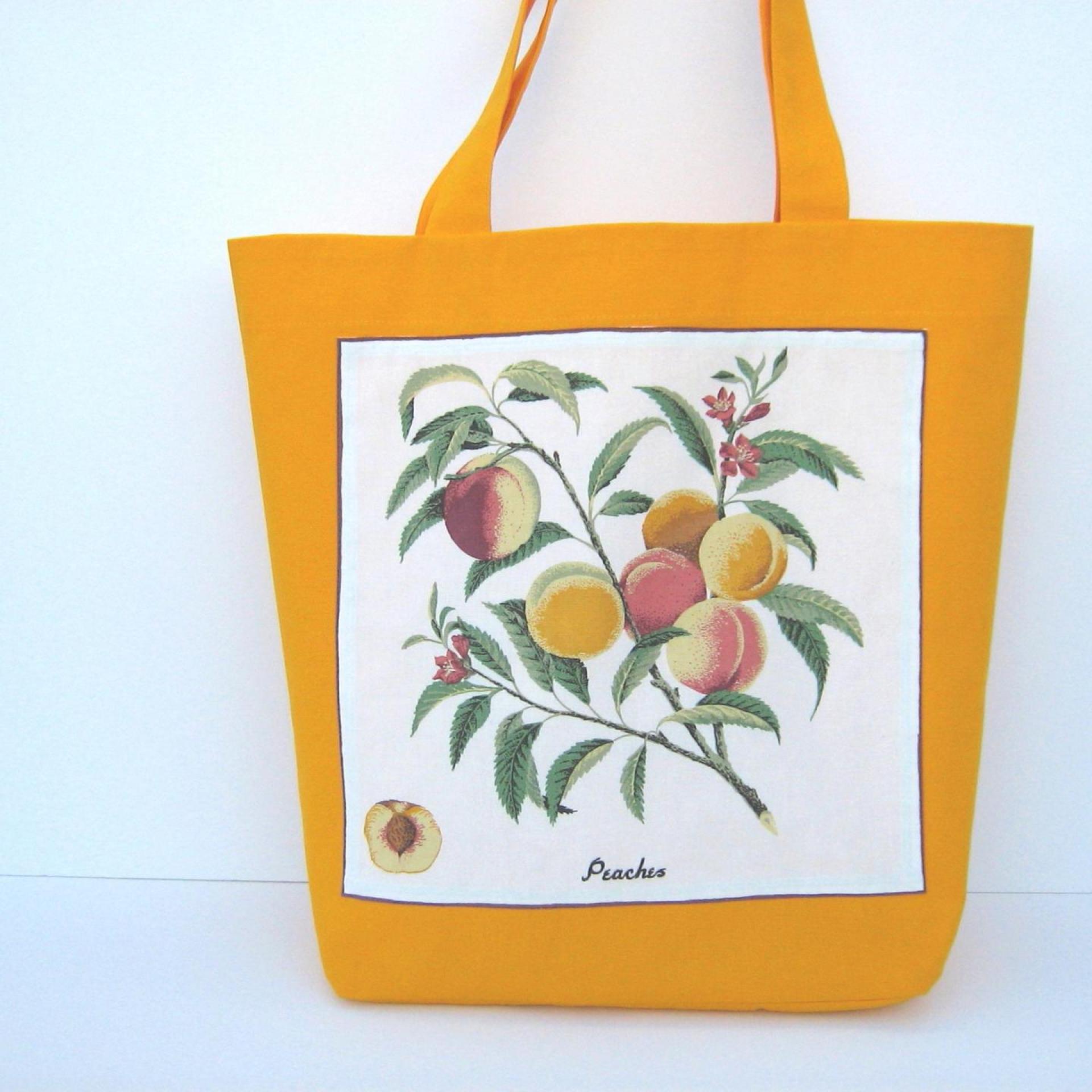 Fabric Shopping Bag, Orange Duck Canvas Tote with Vintage Peach Botanical Illustration, Eco-Friendly