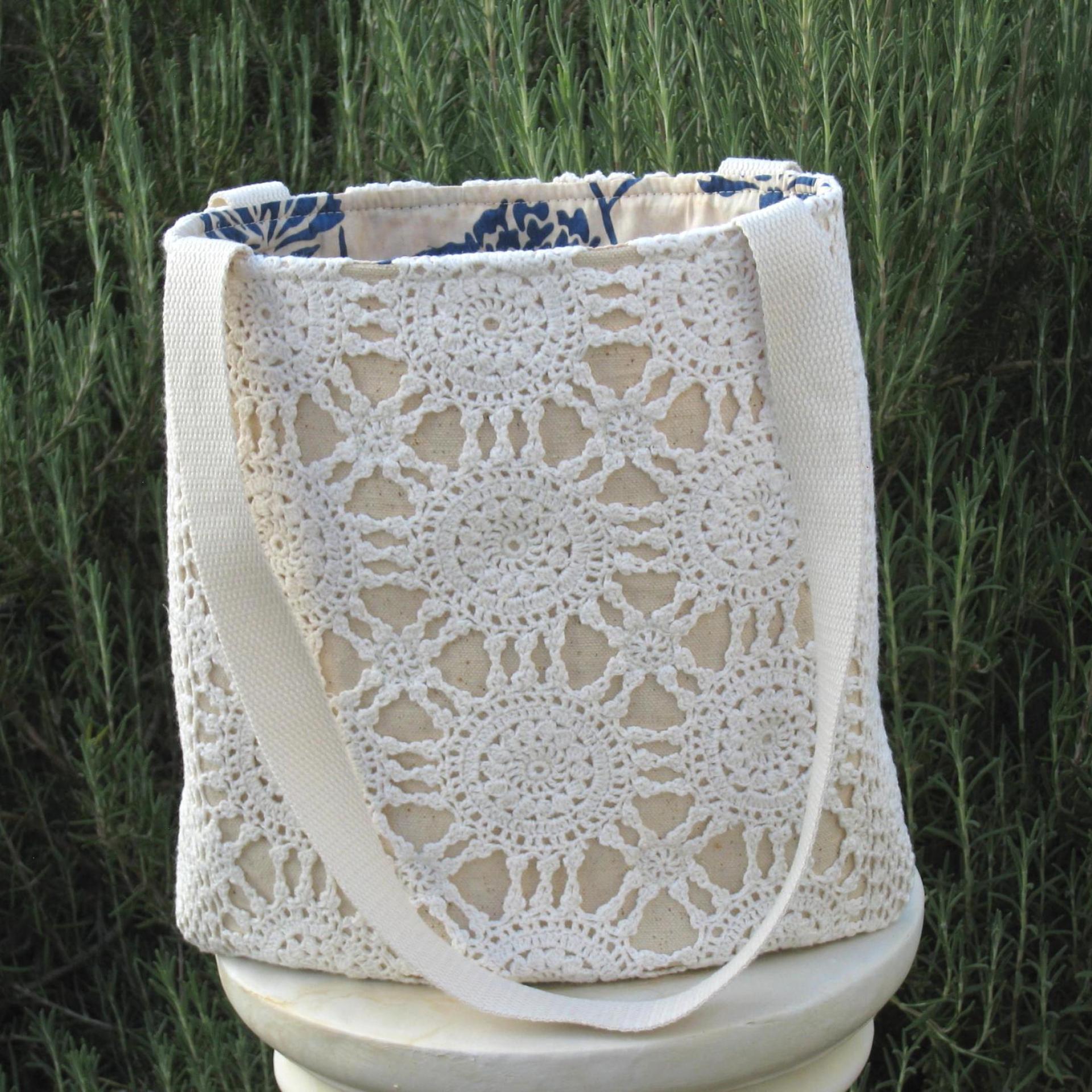 Crochet Tablecloth Tote Bag, Vintage Table Runner, Chic Upcycled Small Tote, USA Hand Made
