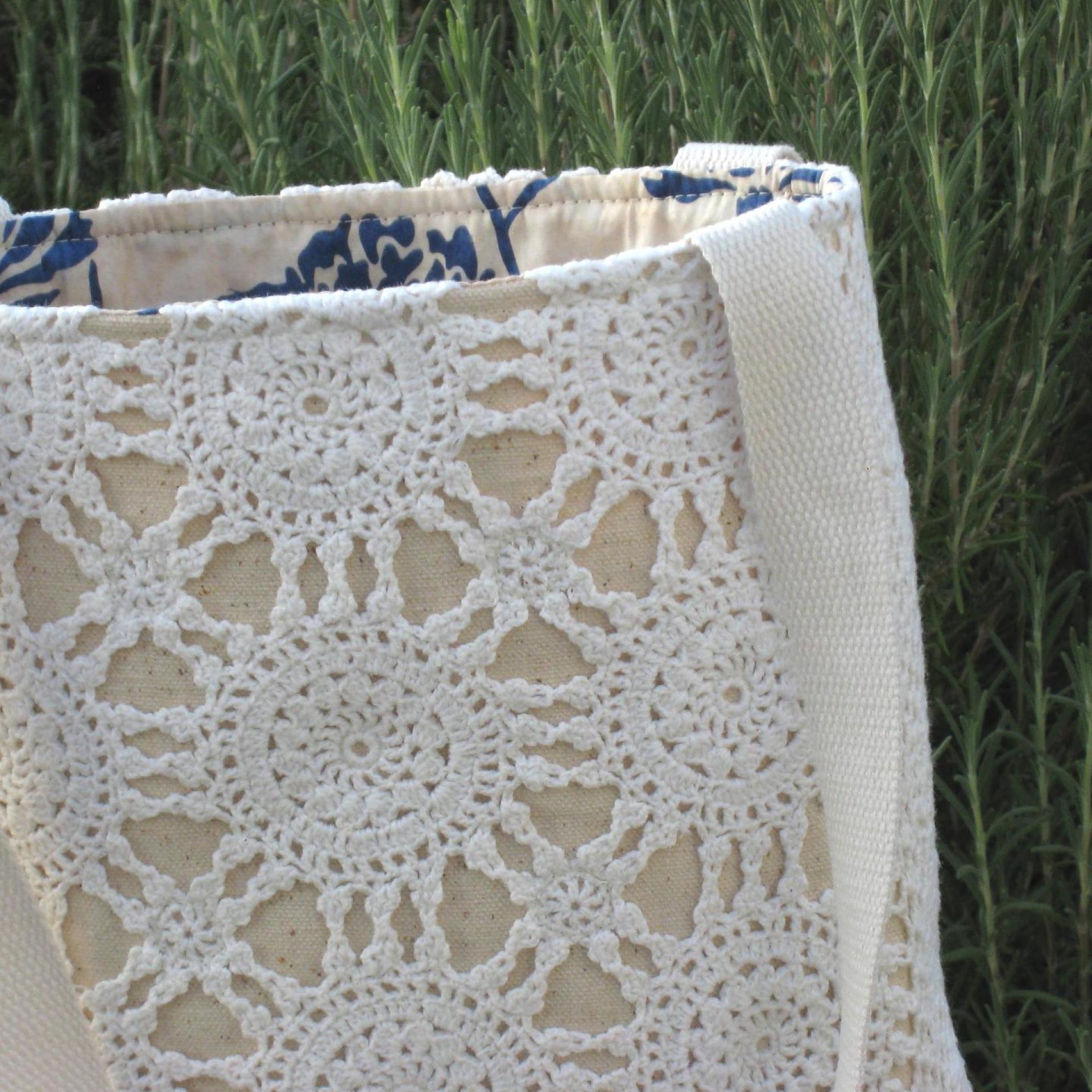 Crochet Tablecloth Tote Bag, Vintage Table Runner, Chic Upcycled Small Tote, USA Hand Made