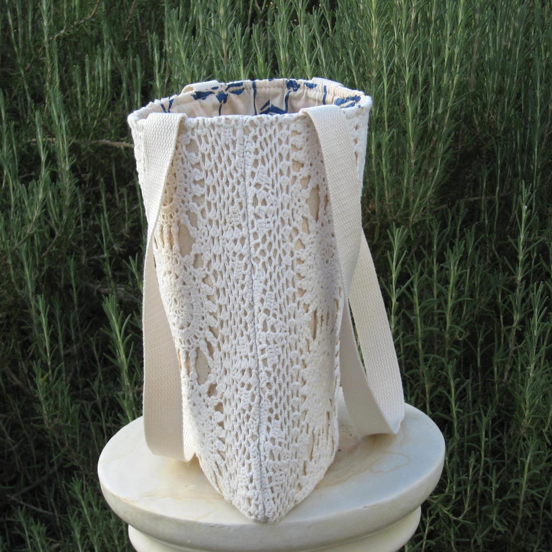Crochet Tablecloth Tote Bag, Vintage Table Runner, Chic Upcycled Small Tote, USA Hand Made