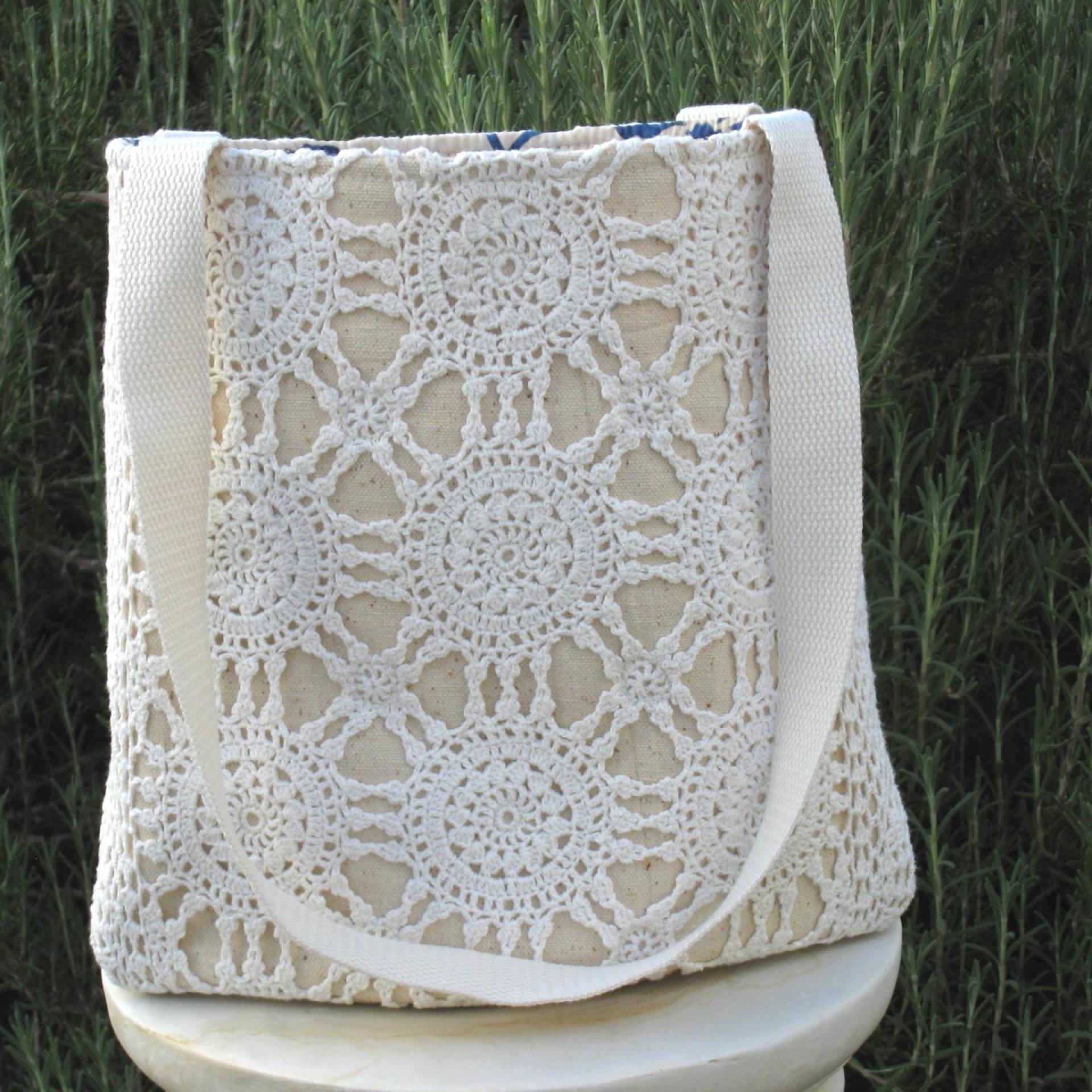 Crochet Tablecloth Tote Bag, Vintage Table Runner, Chic Upcycled Small Tote, USA Hand Made