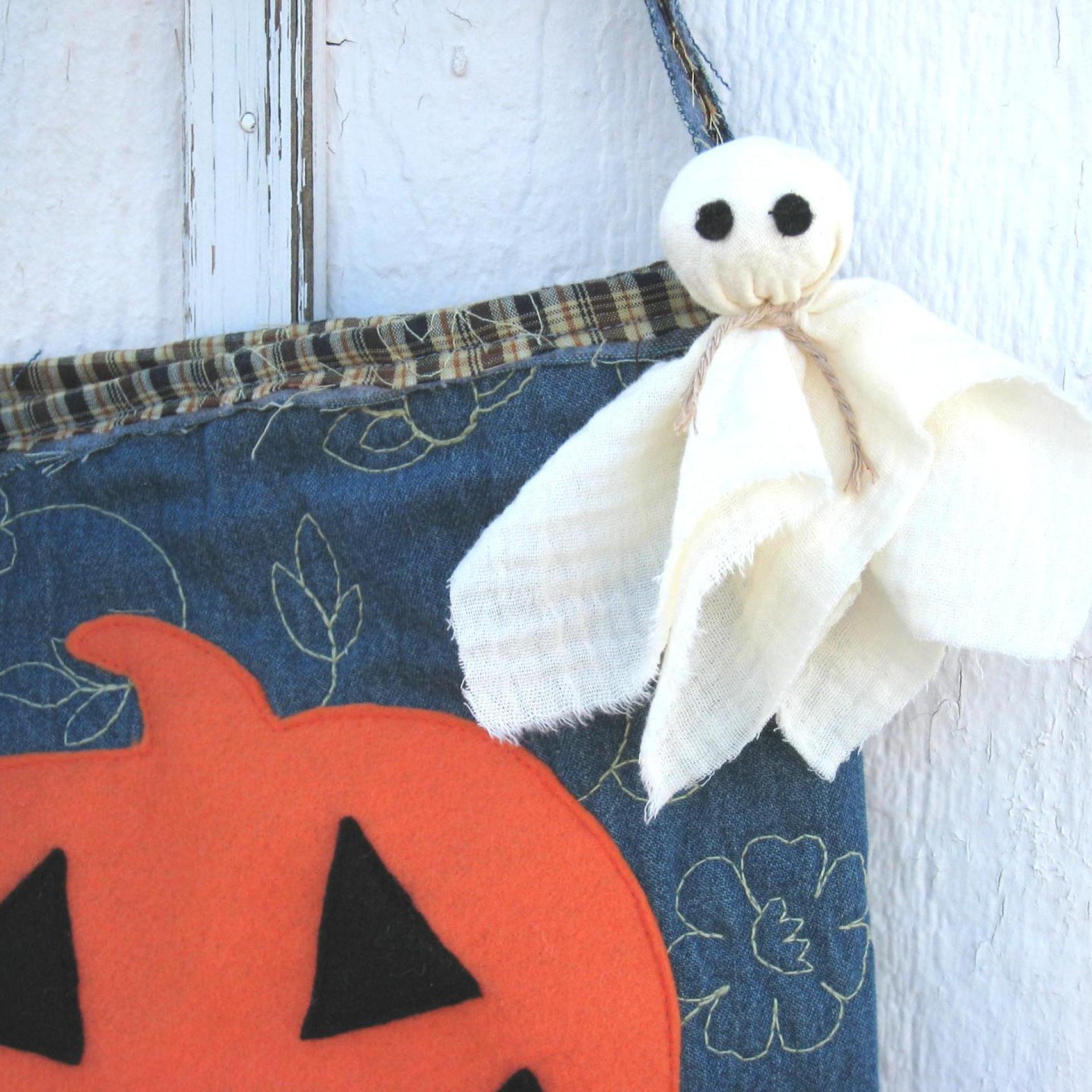 Halloween Treats Bag, Rustic Doorhanger Decoration with Pumpkin and Ghost, USA Handmade