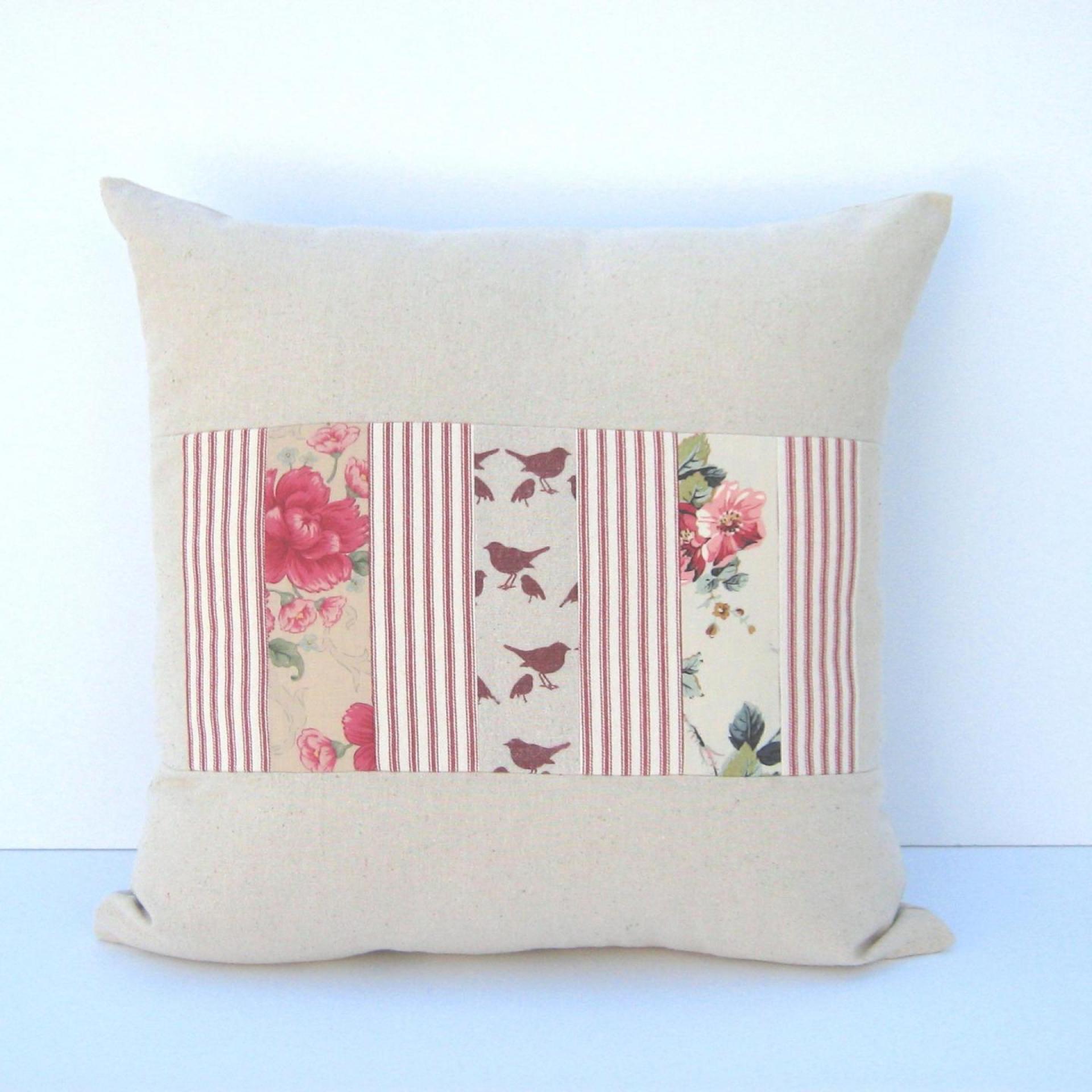 Country Cottage Pillow Cover, Red Tan Shabby Patchwork 19" x 19" Cottage Home Décor, USA Handmade