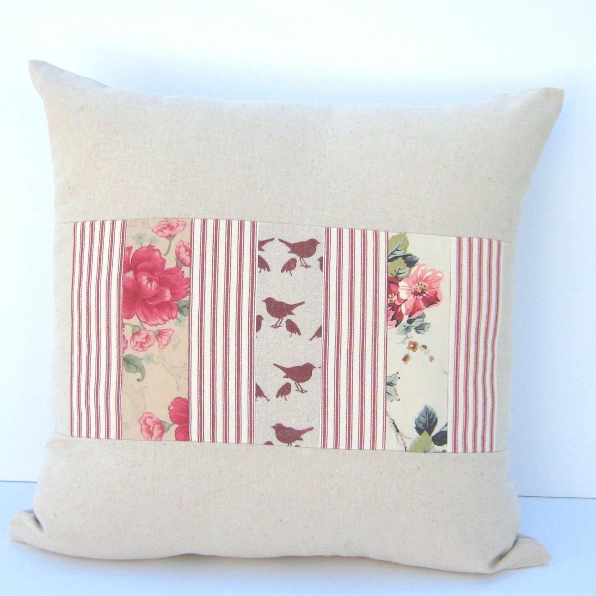 Country Cottage Pillow Cover, Red Tan Shabby Patchwork 19" x 19" Cottage Home Décor, USA Handmade