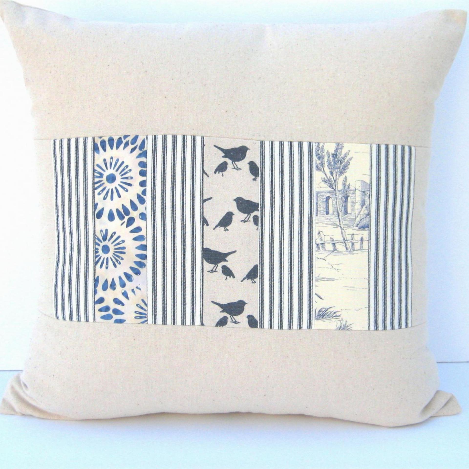 Shabby Cottage Pillow Cover, Beige Blue Patchwork 19" x 19" Country Patches Home Décor, USA Handmade