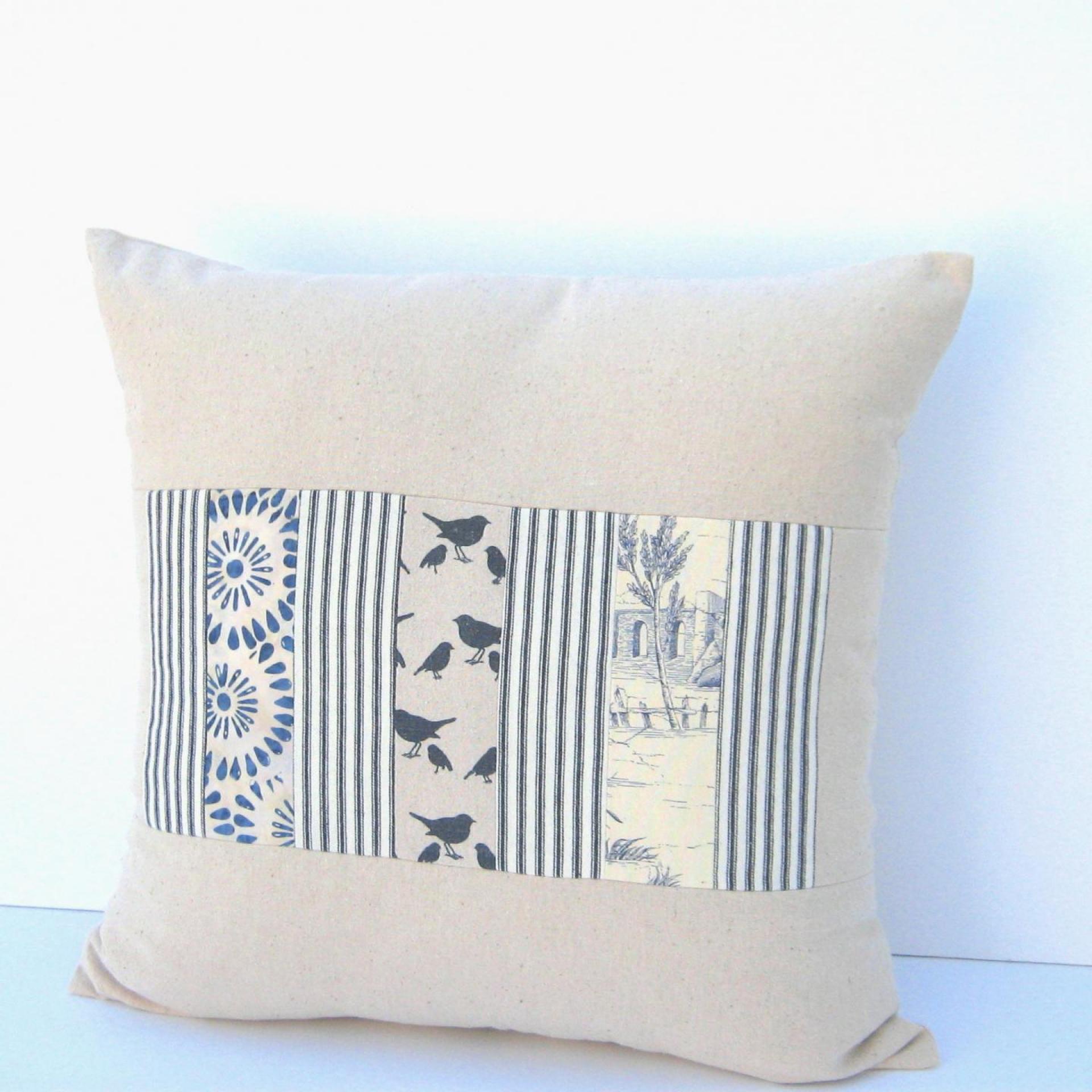 Shabby Cottage Pillow Cover, Beige Blue Patchwork 19" x 19" Country Patches Home Décor, USA Handmade