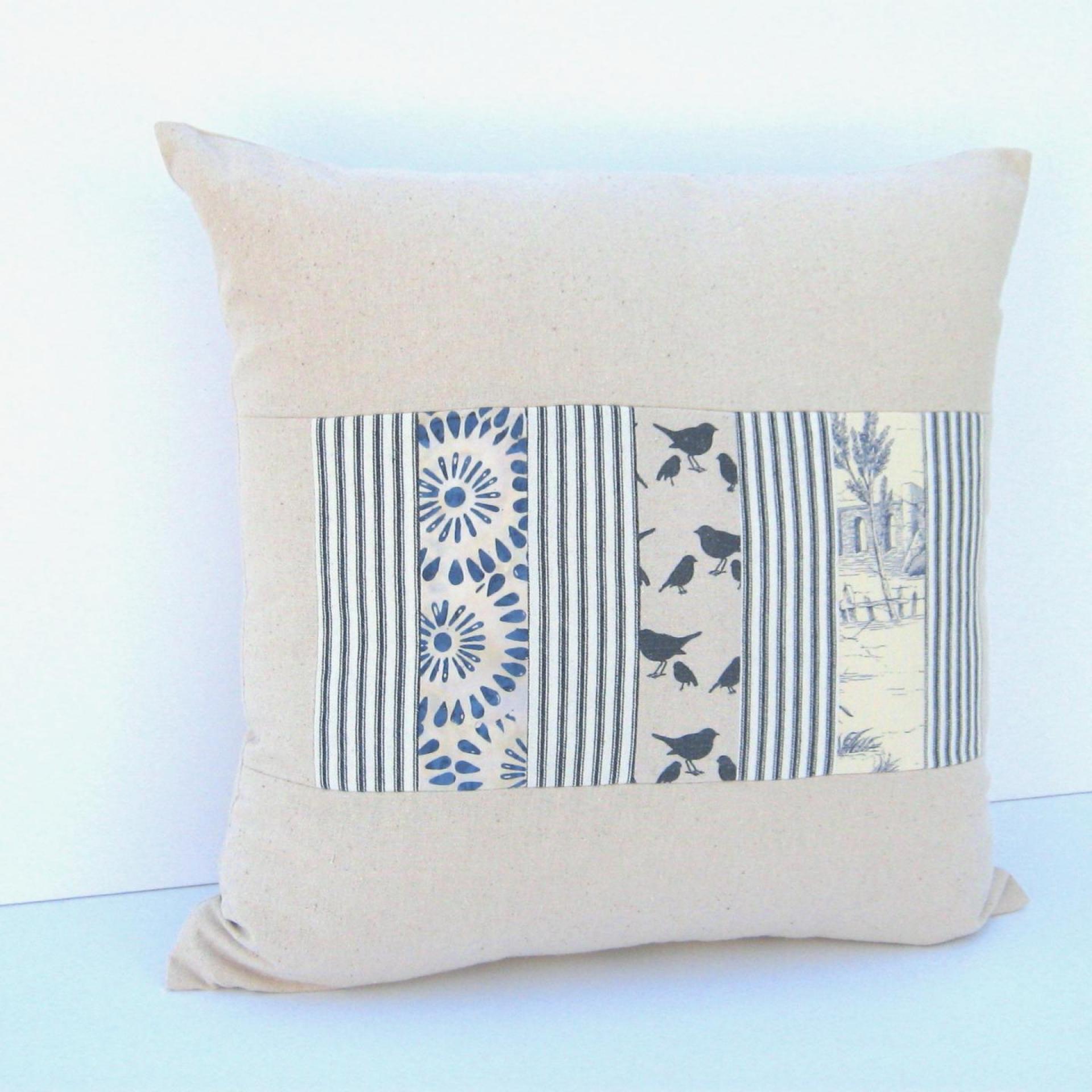 Shabby Cottage Pillow Cover, Beige Blue Patchwork 19" x 19" Country Patches Home Décor, USA Handmade