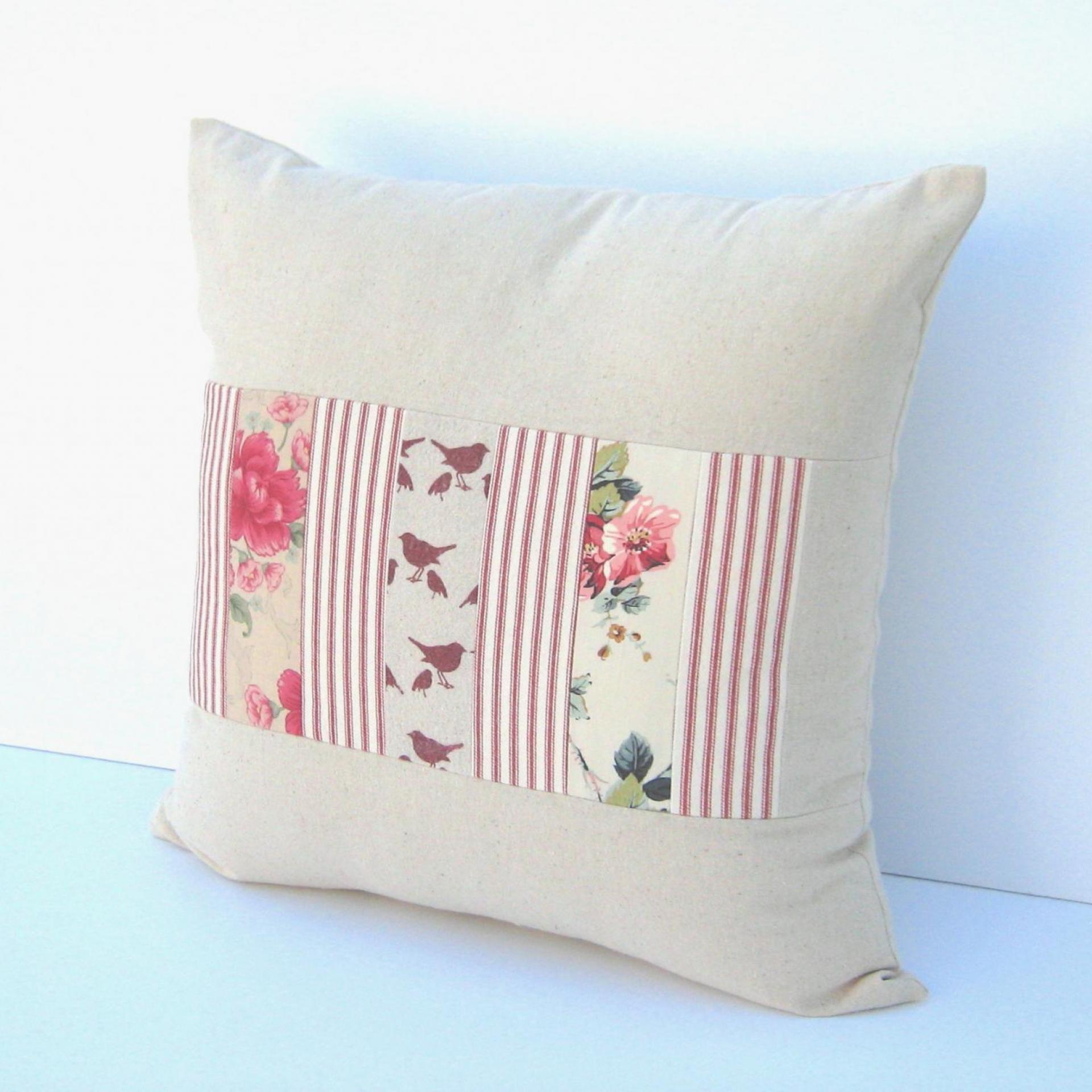 Country Cottage Pillow Cover, Red Tan Shabby Patchwork 19" x 19" Cottage Home Décor, USA Handmade