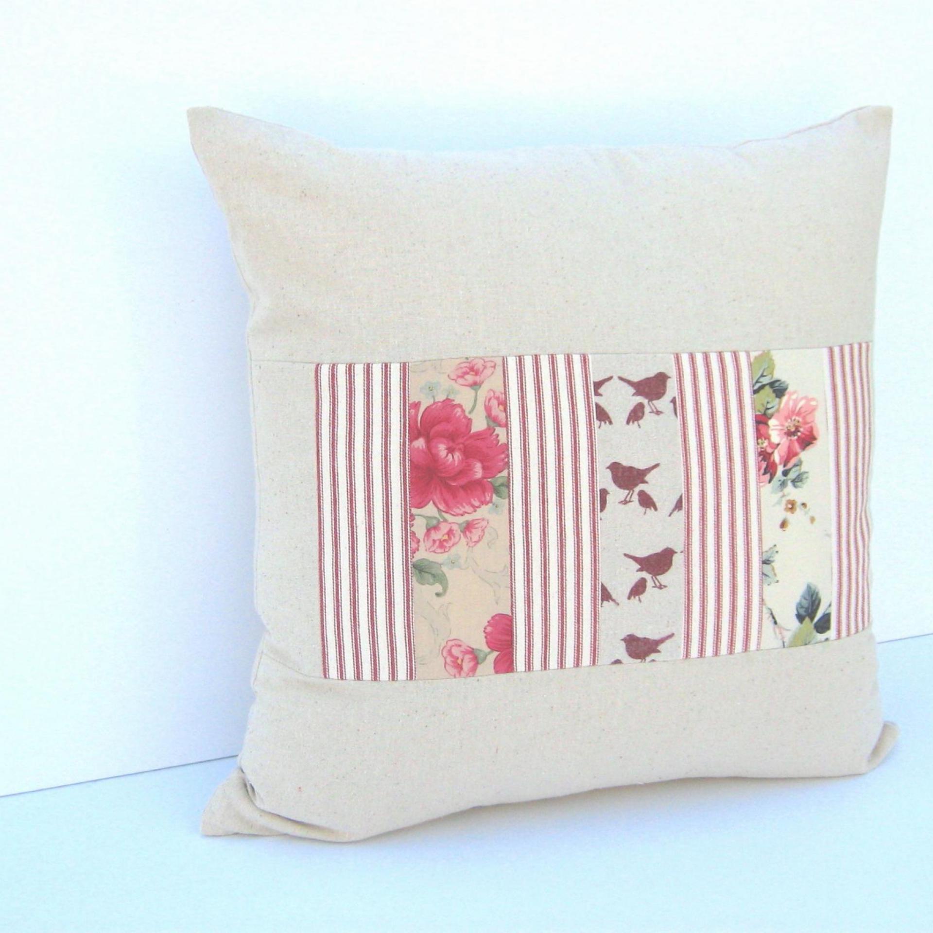 Country Cottage Pillow Cover, Red Tan Shabby Patchwork 19" x 19" Cottage Home Décor, USA Handmade