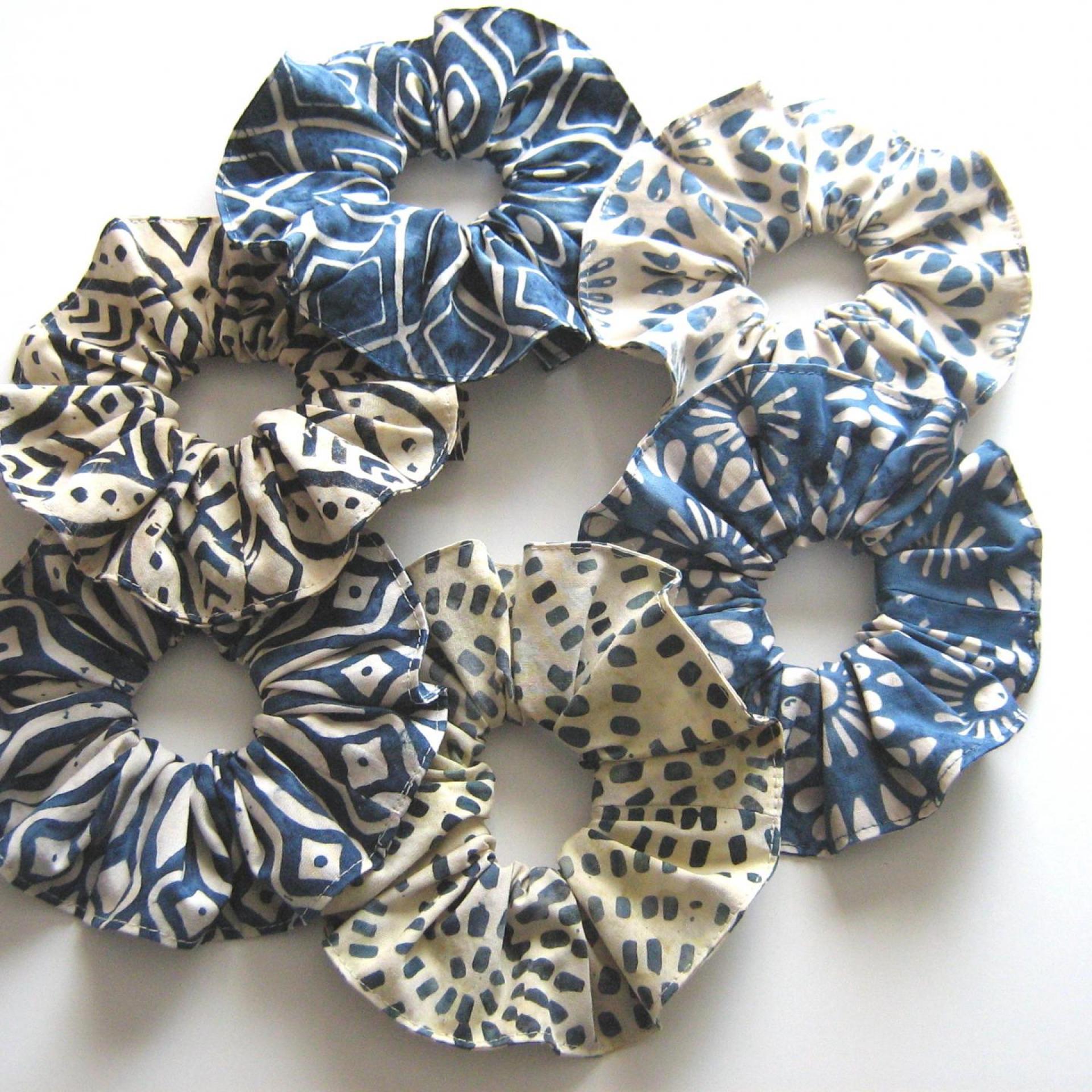 Indigo Batik Scrunchie Set, Blue Ponytail Holders, USA Made Hair Accessories, Pack of 6
