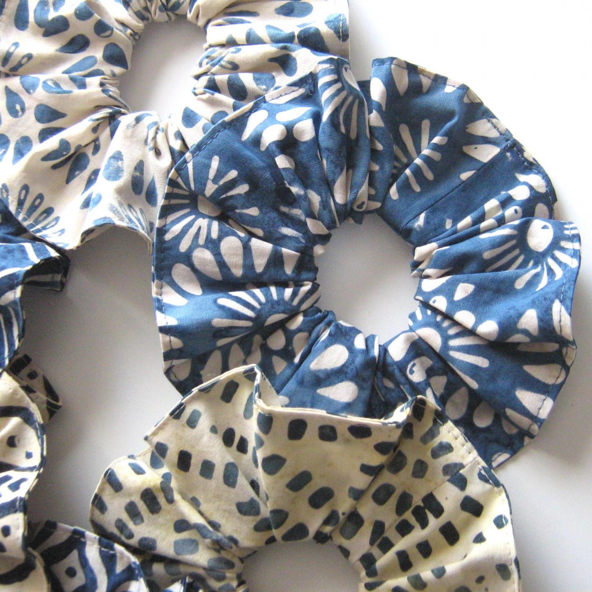 Indigo Batik Scrunchie Set, Blue Ponytail Holders, USA Made Hair Accessories, Pack of 6