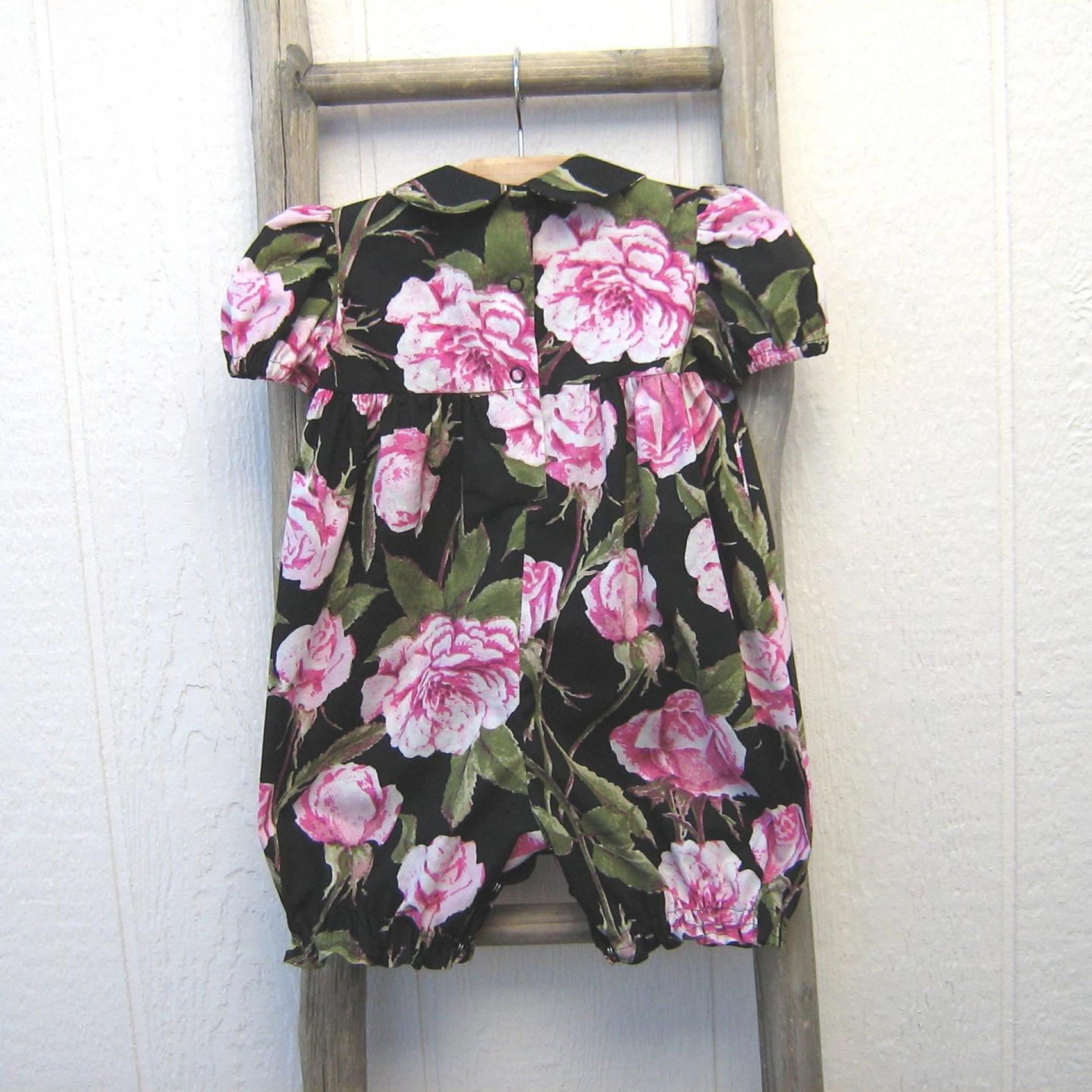 Pink & White Roses Baby Romper for 9 to 12 Months, USA Handmade Short-Sleeved 1-Pc. Easter Outfit