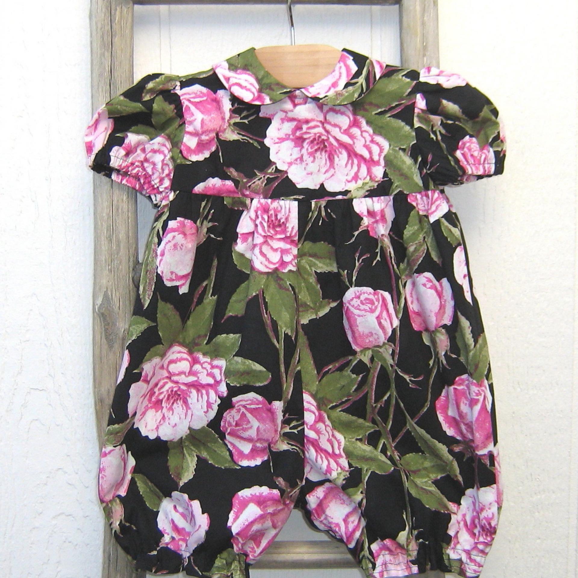 Pink & White Roses Baby Romper for 9 to 12 Months, USA Handmade Short-Sleeved 1-Pc. Easter Outfit