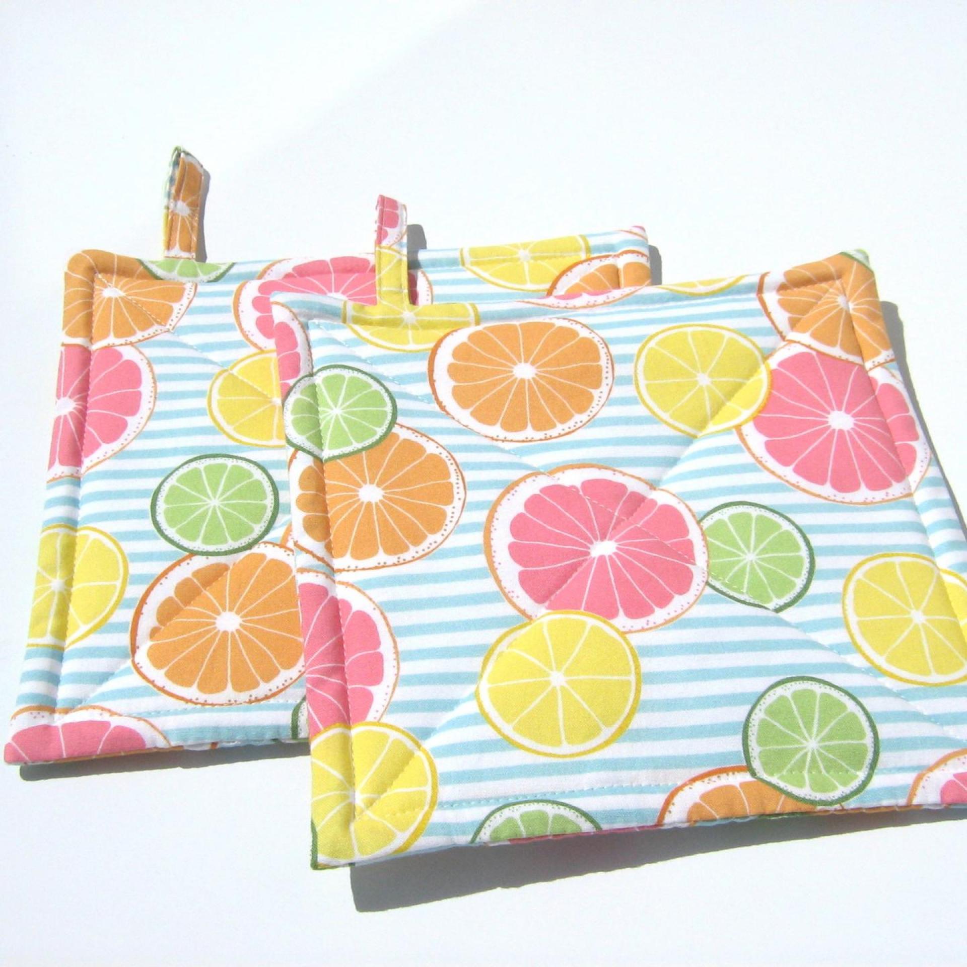 Lemons and Limes Potholders, Oranges, Grapefruit, Citrus Slices on Blue White Striped Quilted Hot Pads, Summer Patio Décor