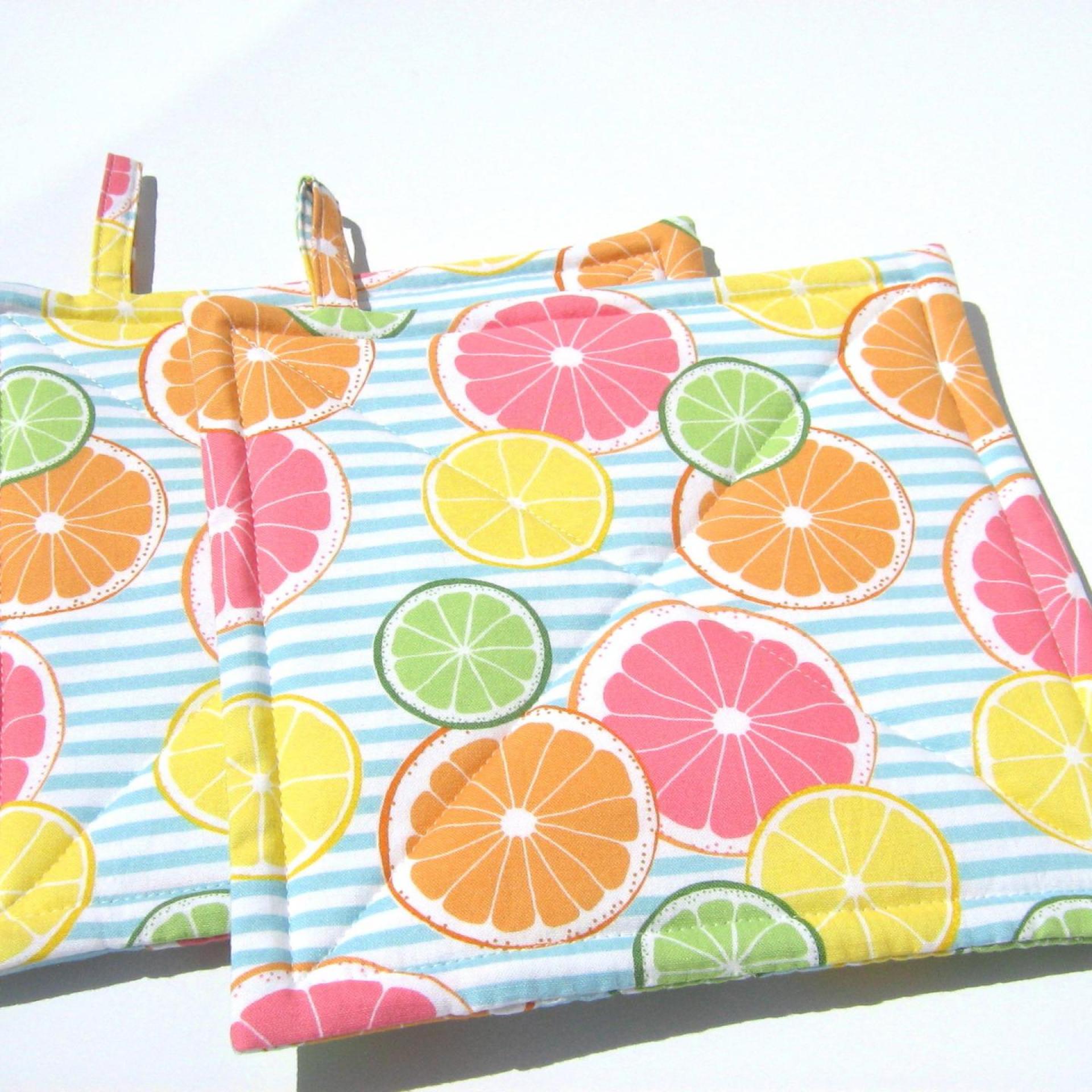 Lemons and Limes Potholders, Oranges, Grapefruit, Citrus Slices on Blue White Striped Quilted Hot Pads, Summer Patio Décor