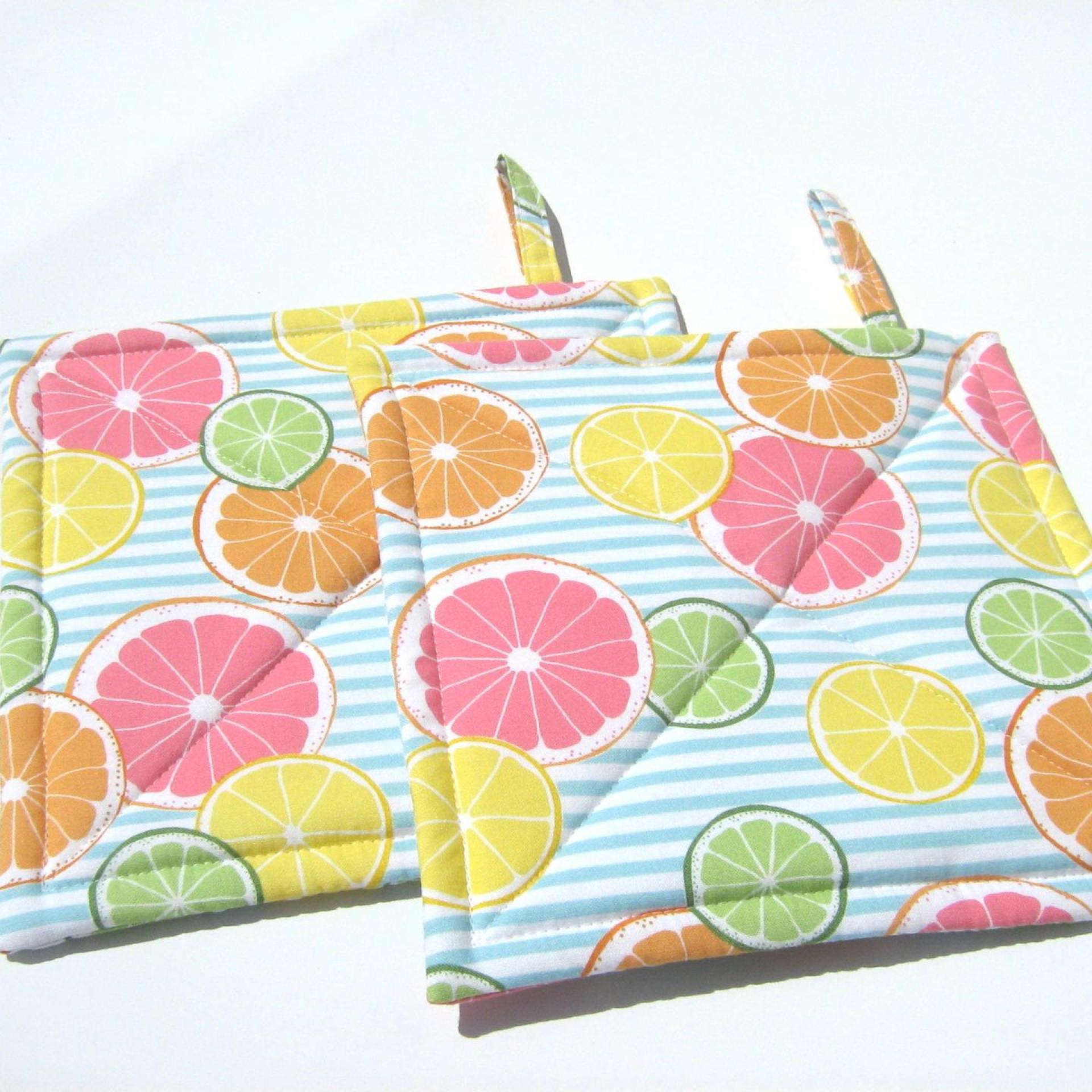 Lemons and Limes Potholders, Oranges, Grapefruit, Citrus Slices on Blue White Striped Quilted Hot Pads, Summer Patio Décor