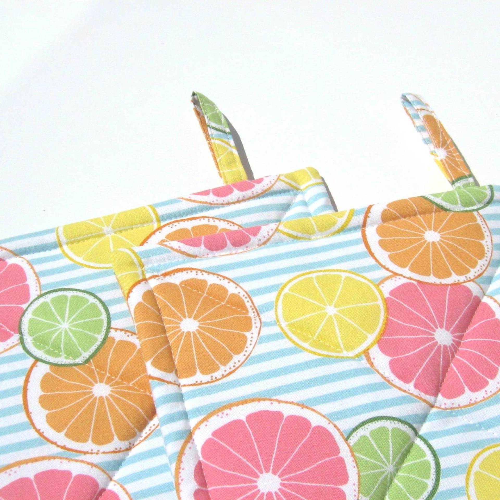 Lemons and Limes Potholders, Oranges, Grapefruit, Citrus Slices on Blue White Striped Quilted Hot Pads, Summer Patio Décor