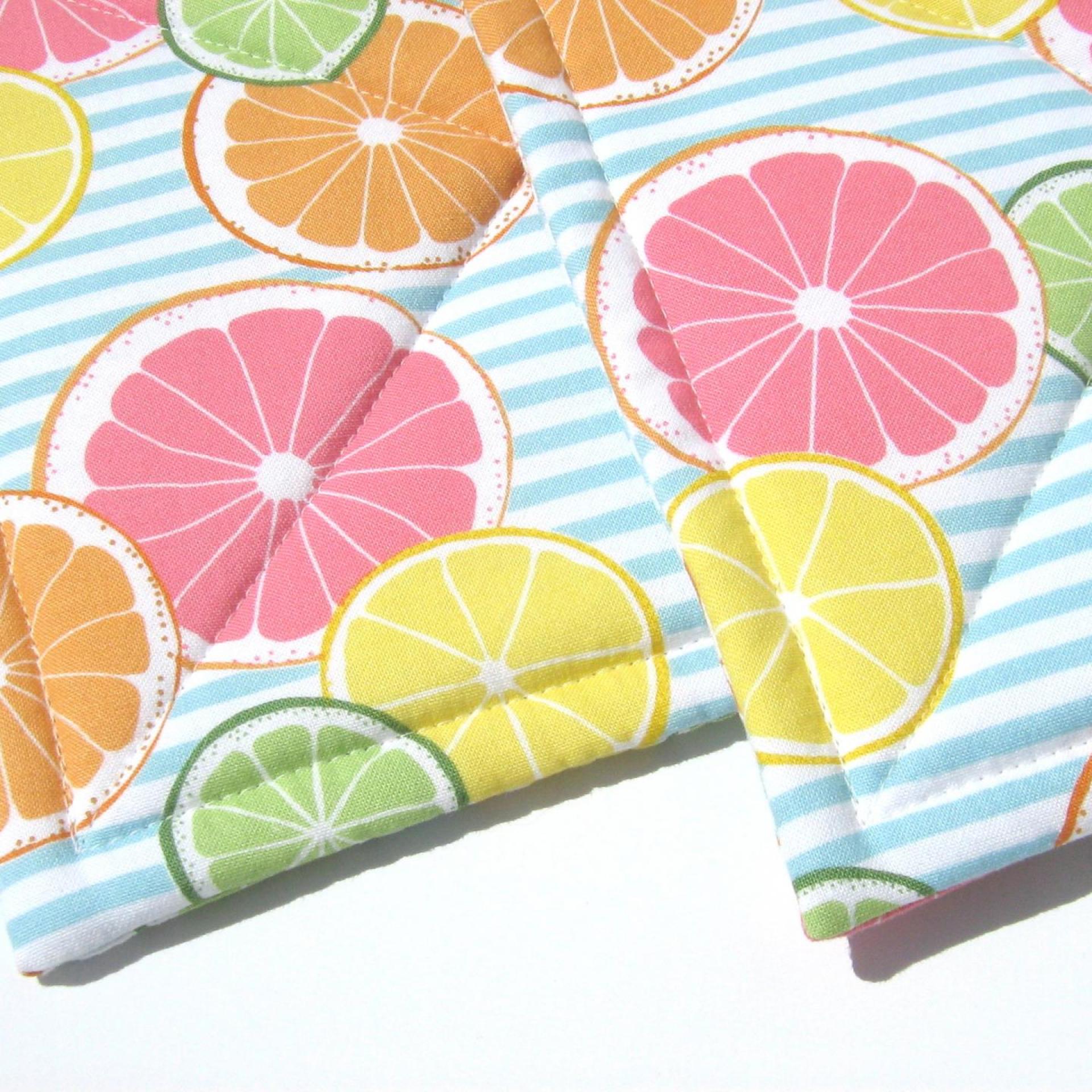 Lemons and Limes Potholders, Oranges, Grapefruit, Citrus Slices on Blue White Striped Quilted Hot Pads, Summer Patio Décor