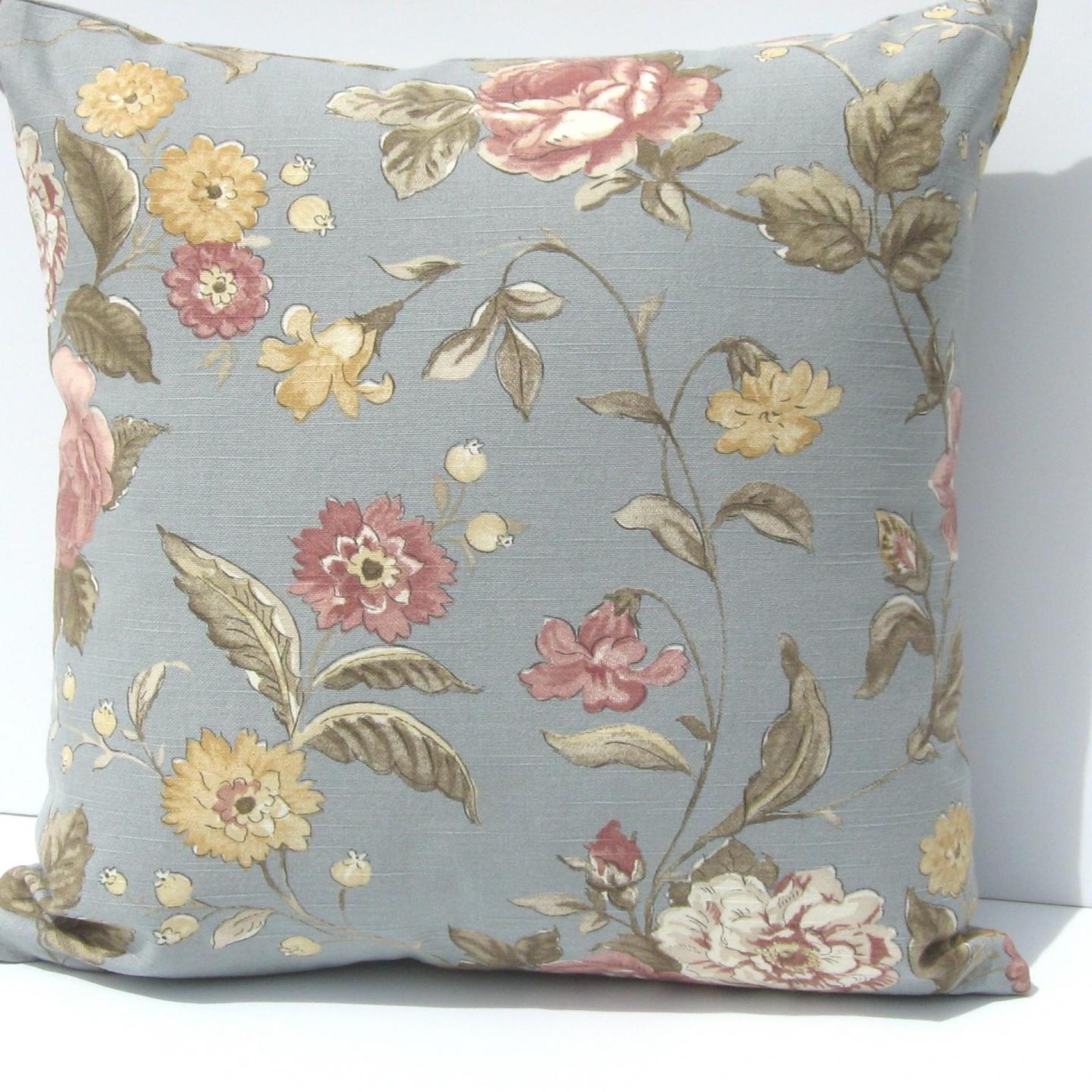 Cabbage Rose Pillow Cover, Pink & White Roses on Blue-Gray Home Décor Cotton, 17 x 17 Inches