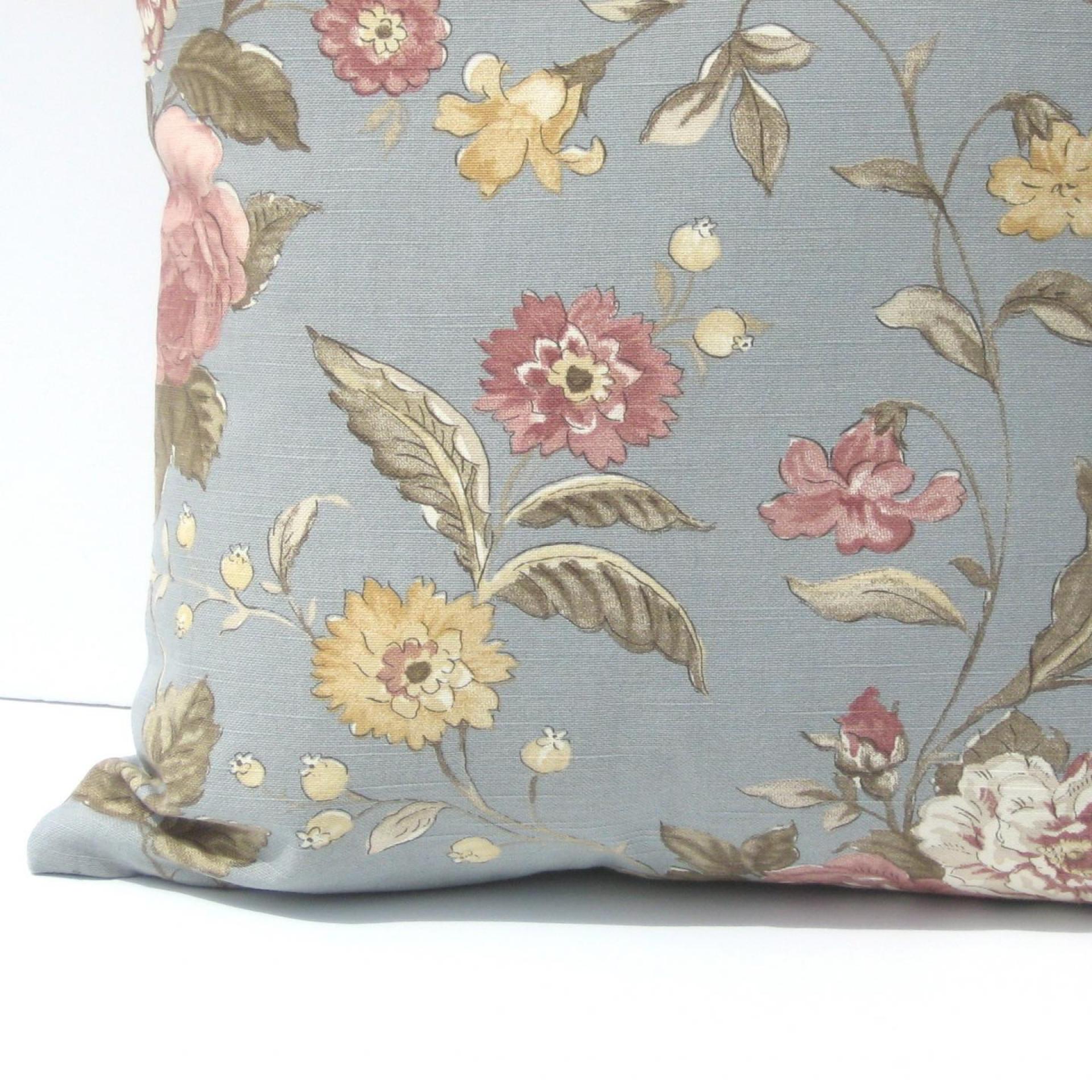 Cabbage Rose Pillow Cover, Pink & White Roses on Blue-Gray Home Décor Cotton, 17 x 17 Inches