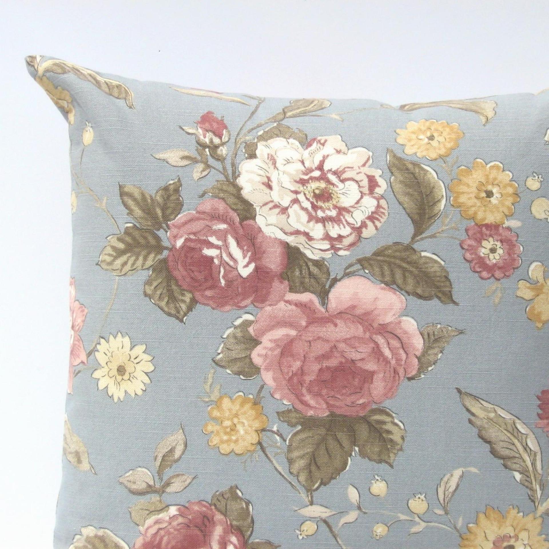 Cabbage Rose Pillow Cover, Pink & White Roses on Blue-Gray Home Décor Cotton, 17 x 17 Inches