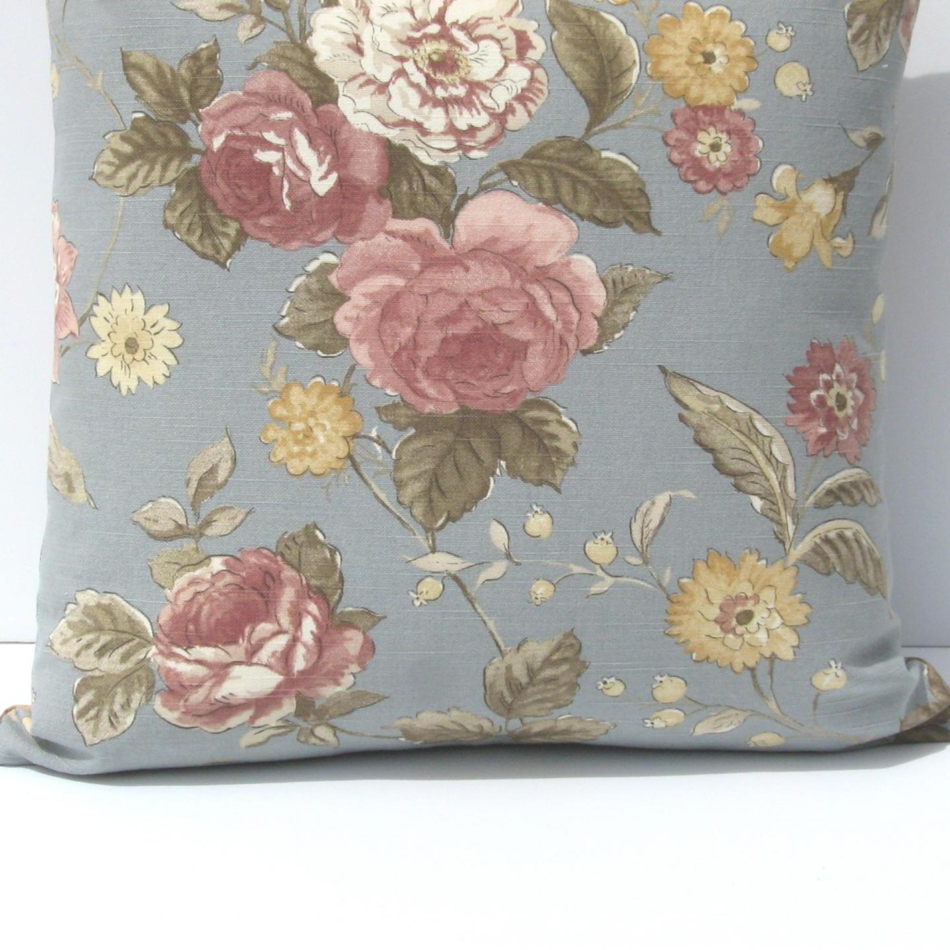 Cabbage Rose Pillow Cover, Pink & White Roses on Blue-Gray Home Décor Cotton, 17 x 17 Inches