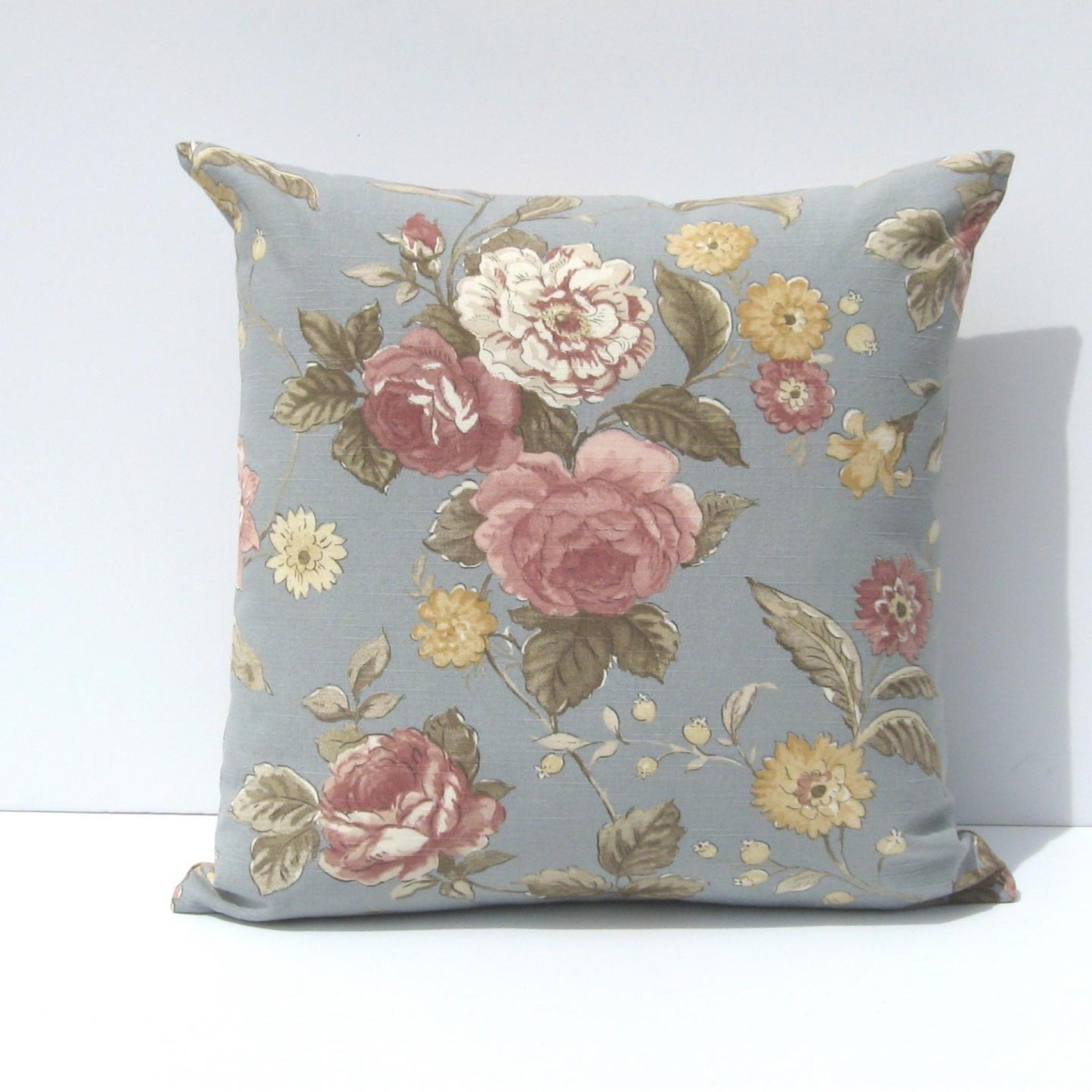 Cabbage Rose Pillow Cover, Pink & White Roses on Blue-Gray Home Décor Cotton, 17 x 17 Inches