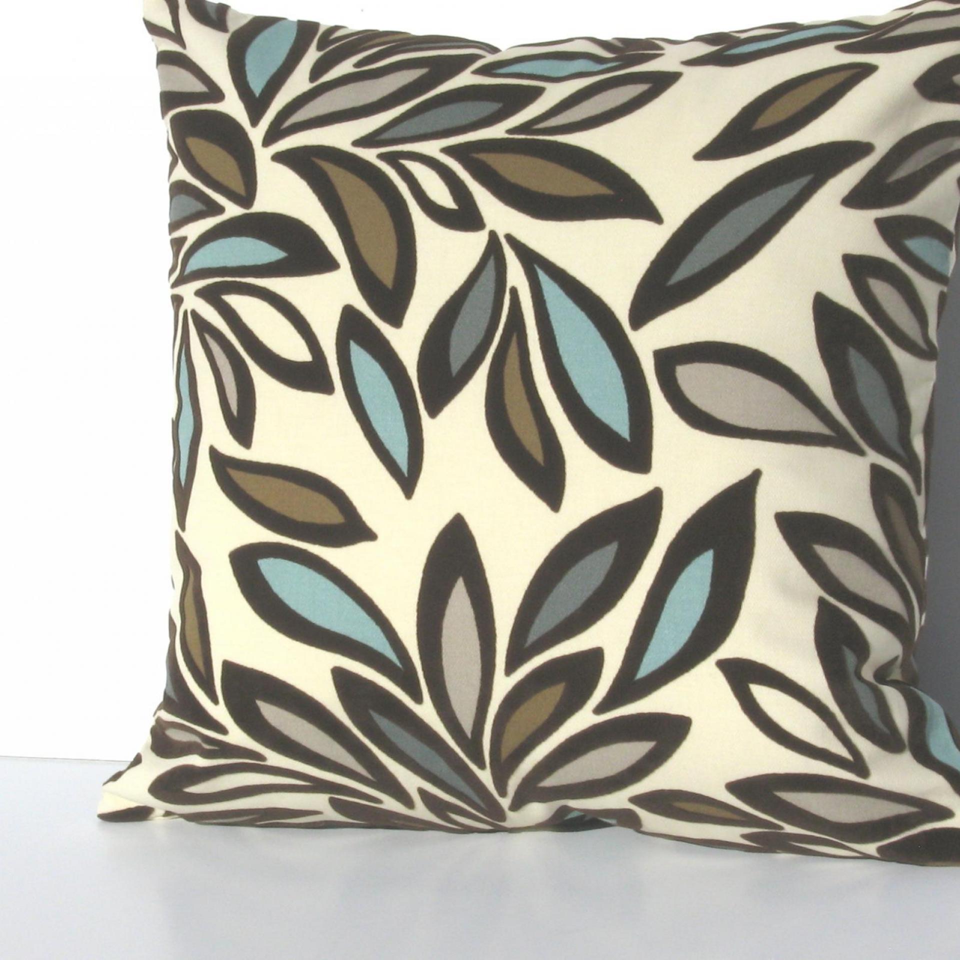 Flocked Velvet Pillow Cover, Velveteen Abstract Petals on Cotton, Turquoise, Brown, White Home Décor, 17 x 17 inches