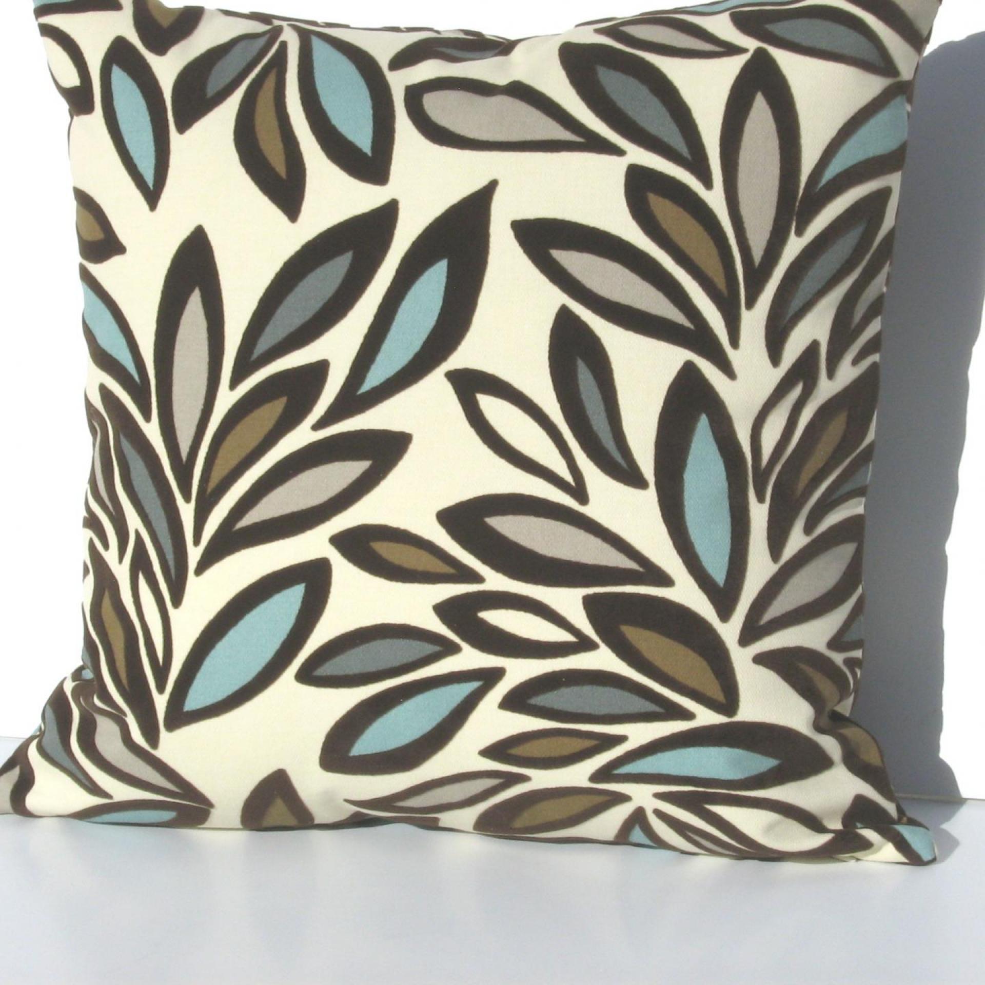 Flocked Velvet Pillow Cover, Velveteen Abstract Petals on Cotton, Turquoise, Brown, White Home Décor, 17 x 17 inches