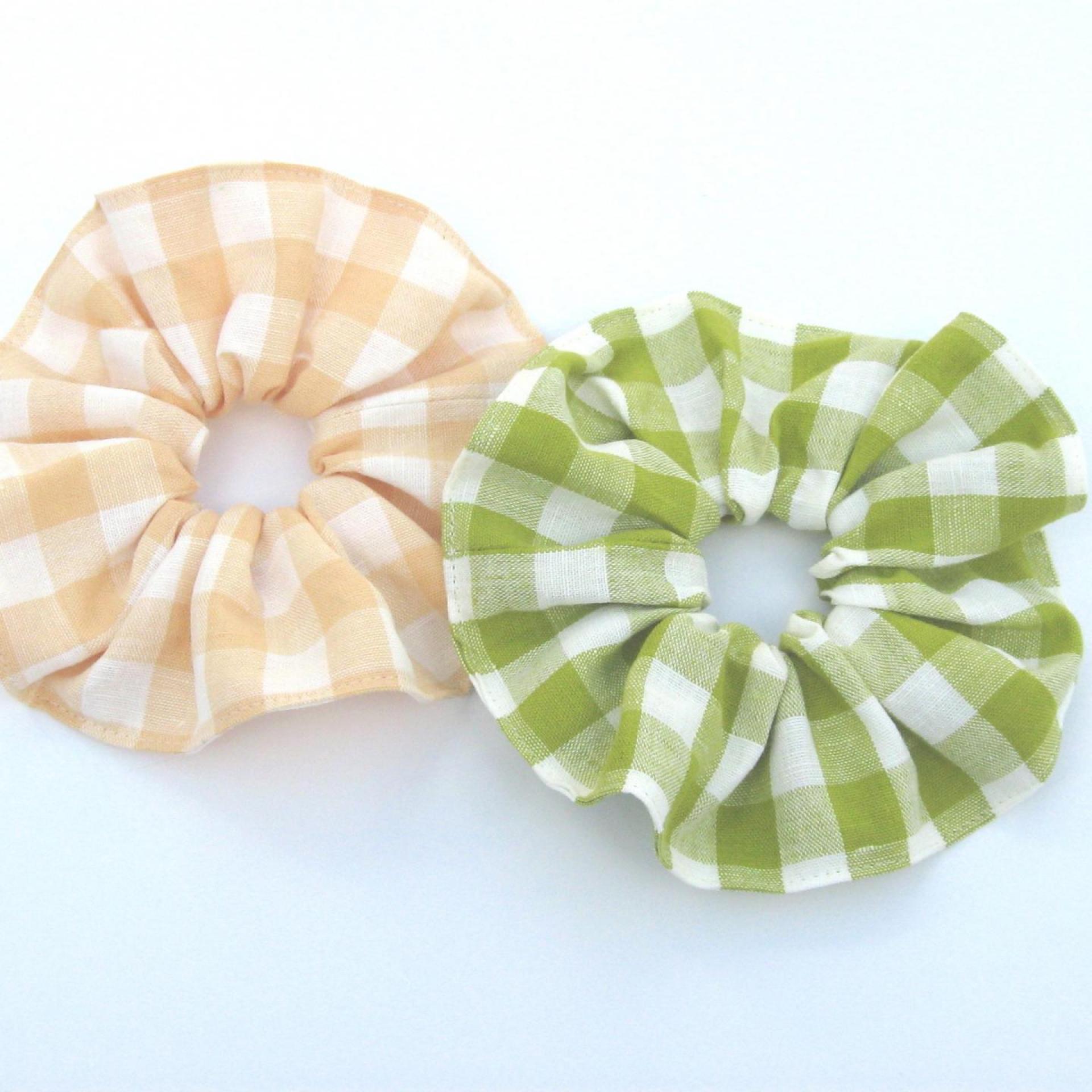 Gingham Check Linen Scrunchie, Choose from Apple Green or Pale Peach Linen Gingham Hair Accessory
