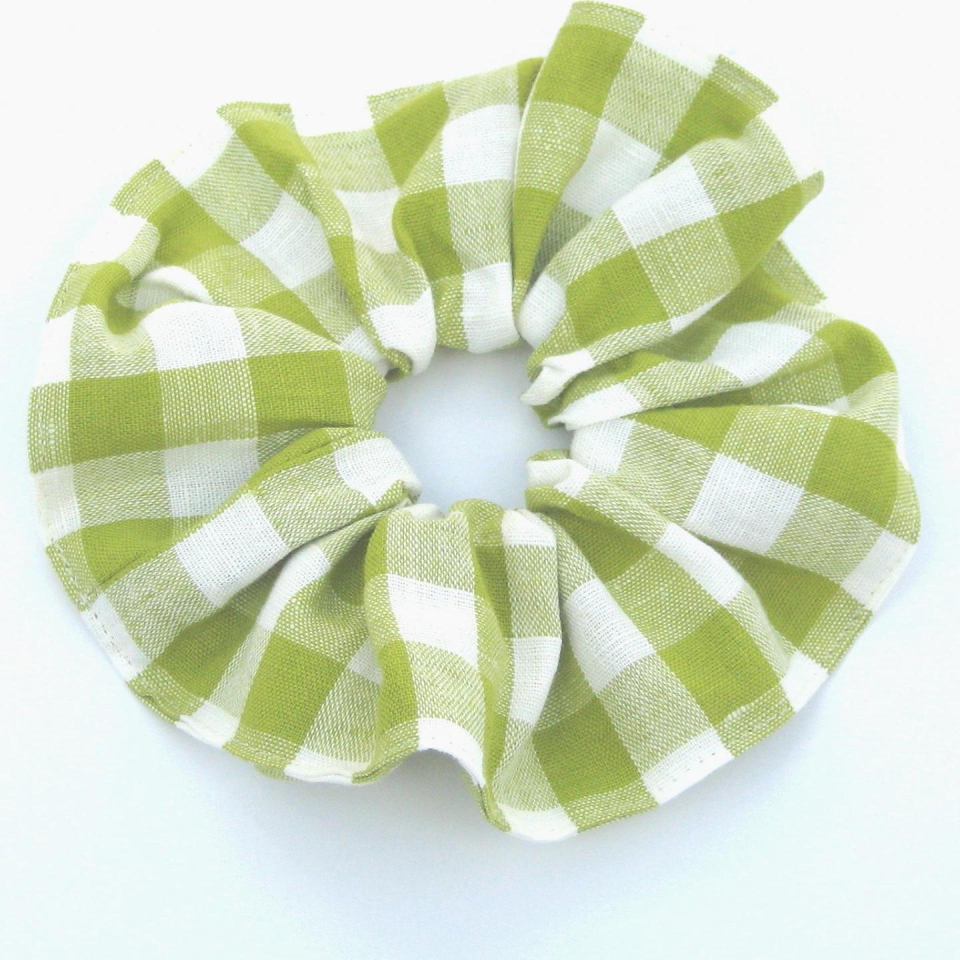 Gingham Check Linen Scrunchie, Choose from Apple Green or Pale Peach Linen Gingham Hair Accessory