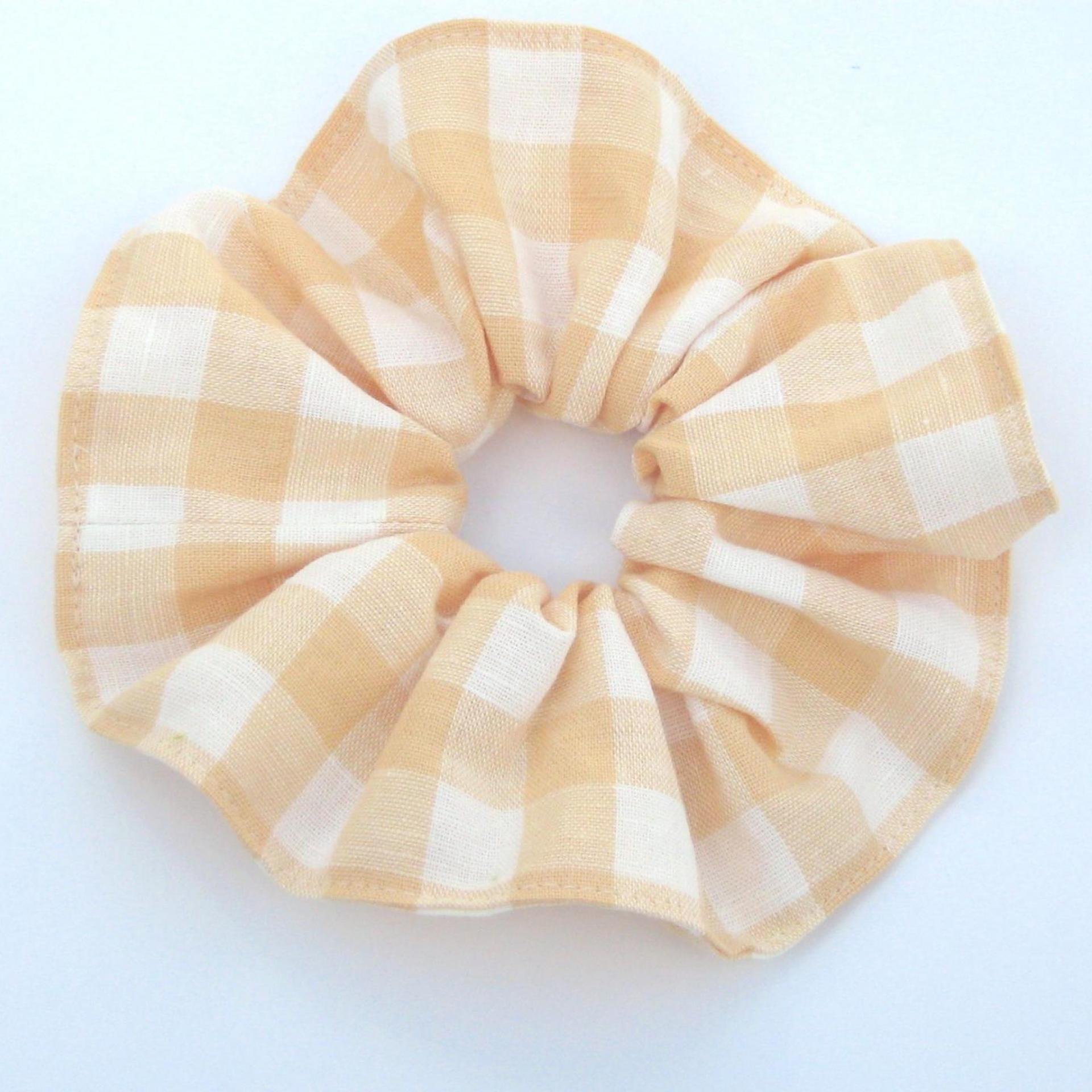 Gingham Check Linen Scrunchie, Choose from Apple Green or Pale Peach Linen Gingham Hair Accessory