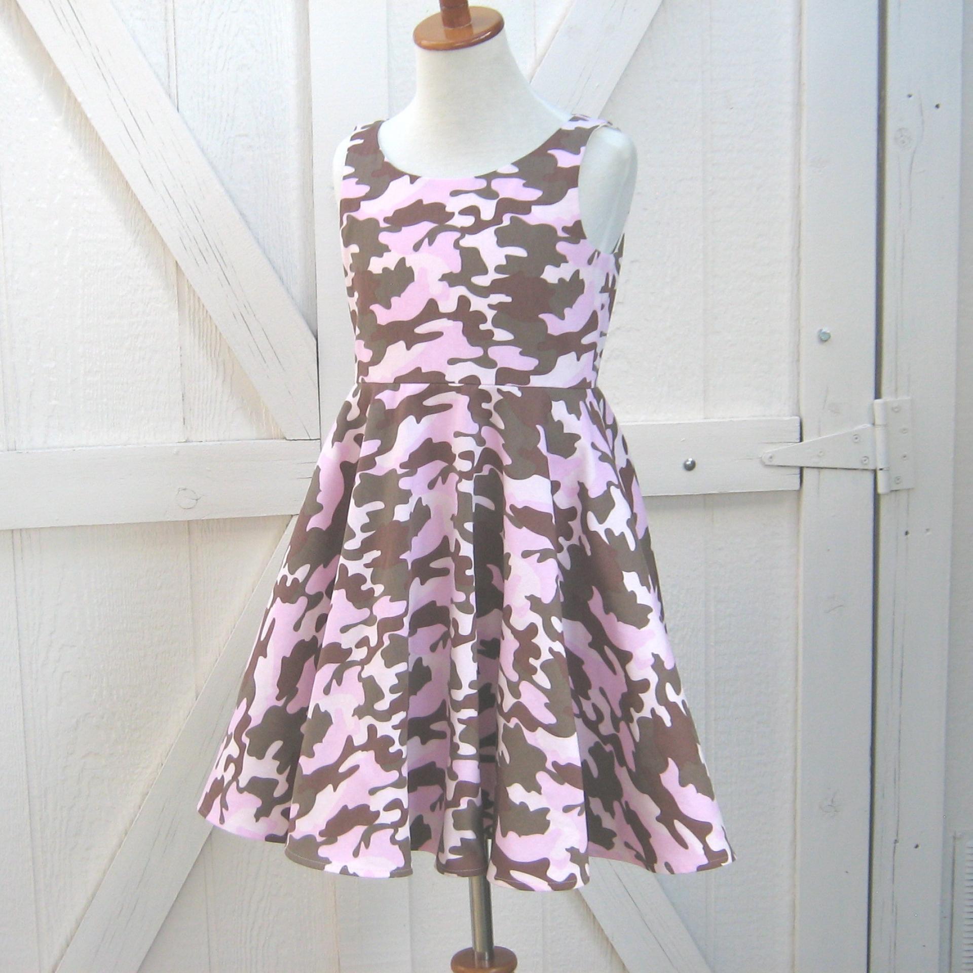 Girls' Pink Camo Dress with Full Circle Skirt, Fully Lined, Camo Wedding Flower Girl, Size 7