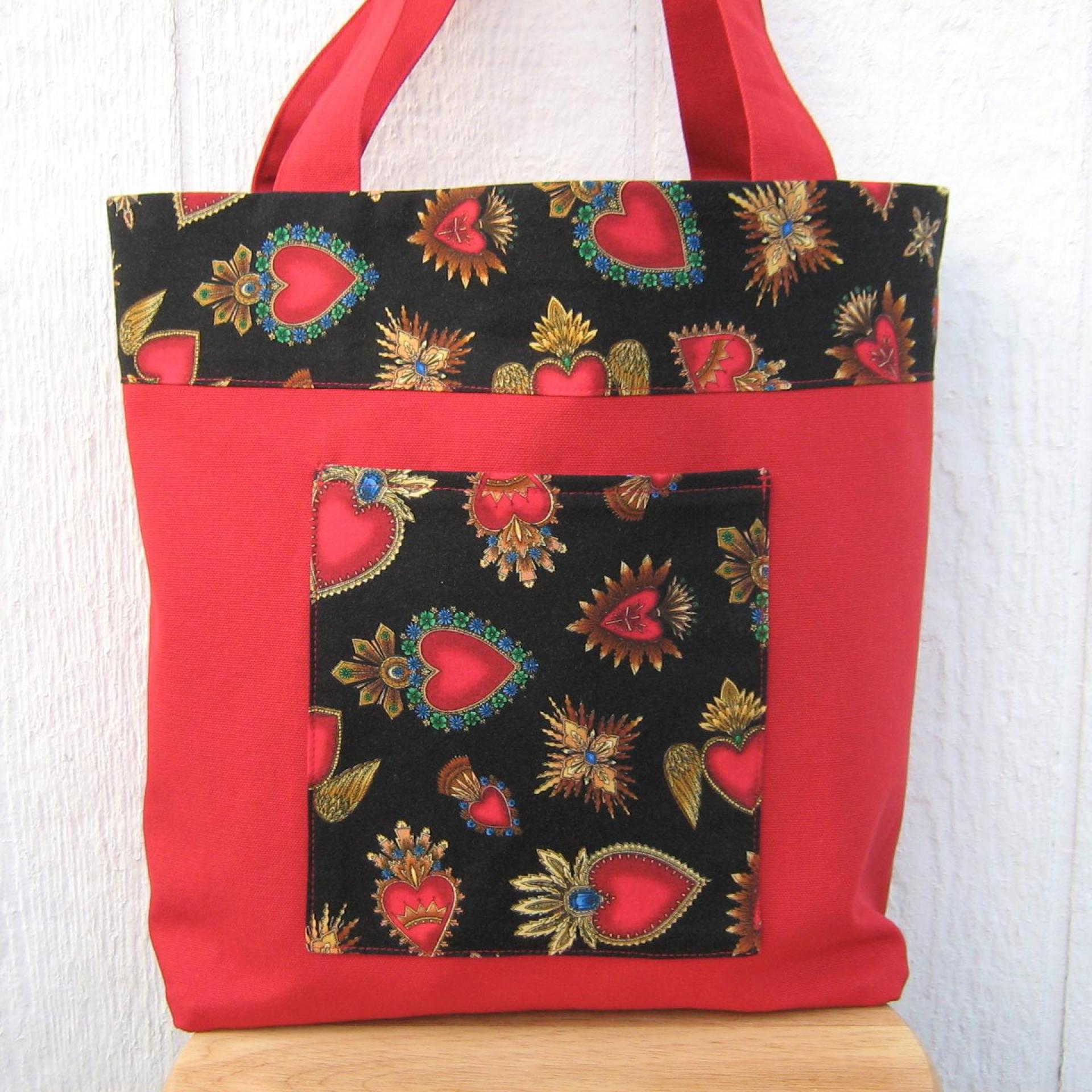 Day of the Dead Red Canvas Shopping Bag, Sacred Hearts Reusable Duck Cloth Tote, USA Handmade