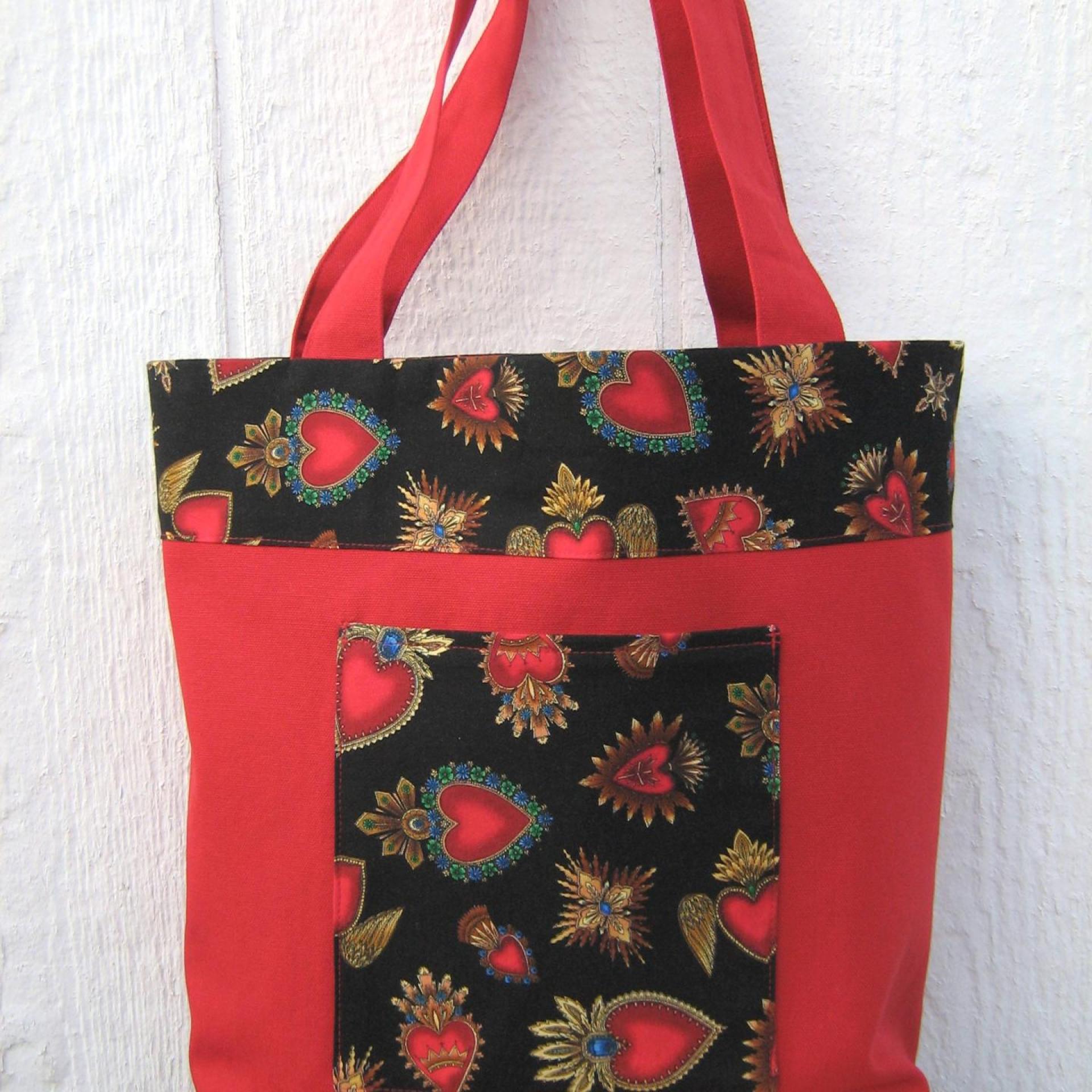 Day of the Dead Red Canvas Shopping Bag, Sacred Hearts Reusable Duck Cloth Tote, USA Handmade