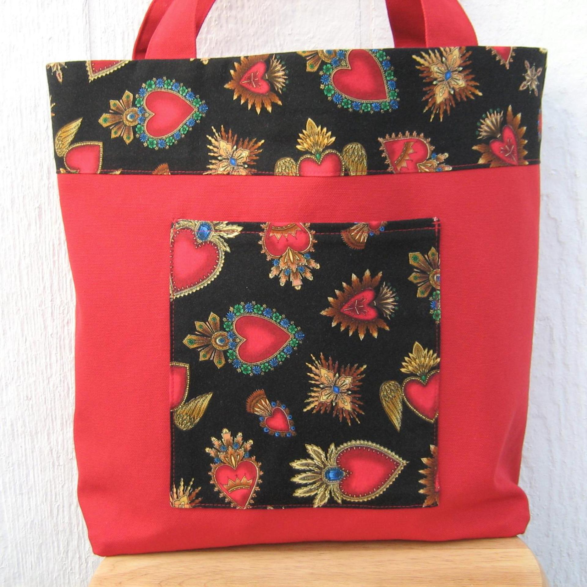 Day of the Dead Red Canvas Shopping Bag, Sacred Hearts Reusable Duck Cloth Tote, USA Handmade