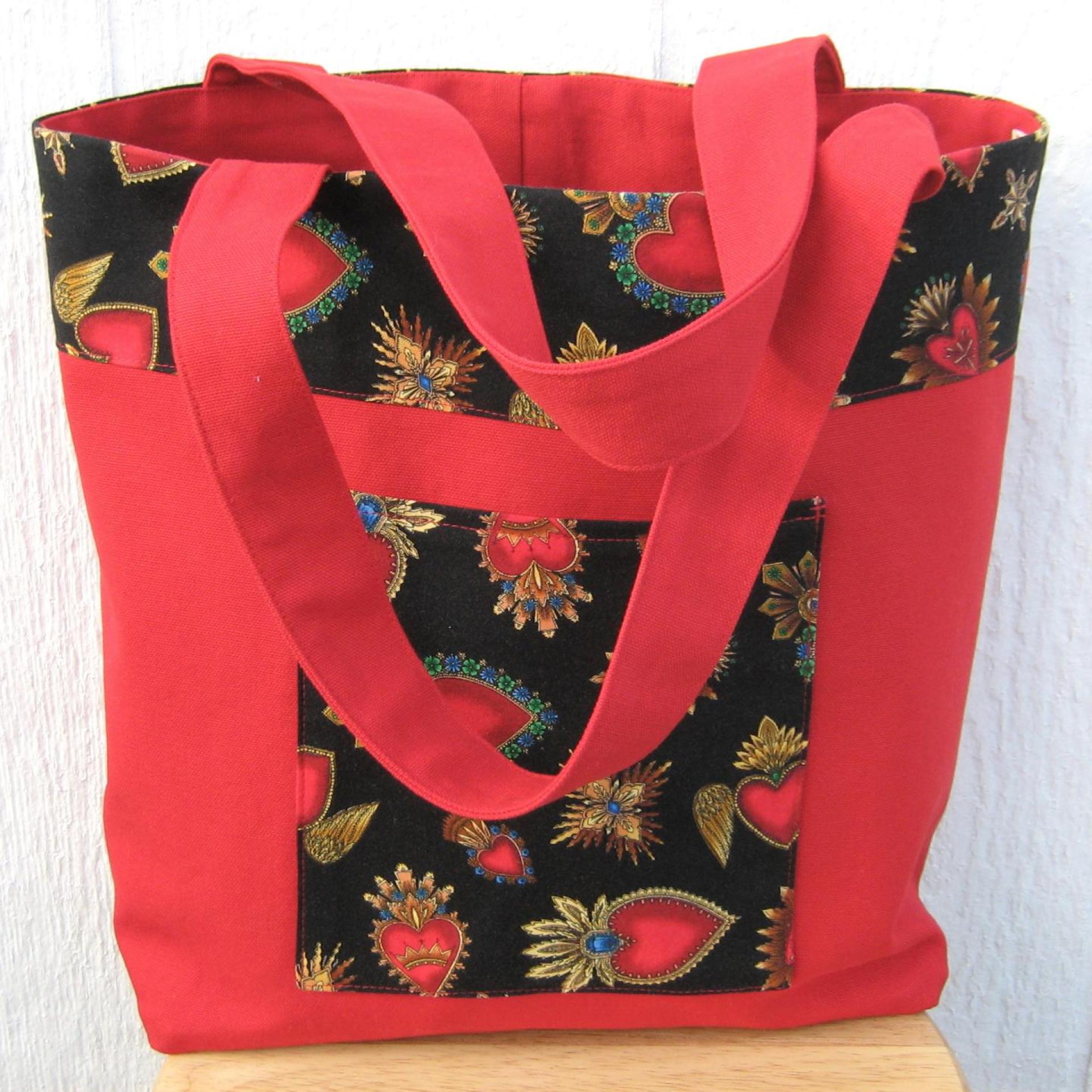 Day of the Dead Red Canvas Shopping Bag, Sacred Hearts Reusable Duck Cloth Tote, USA Handmade