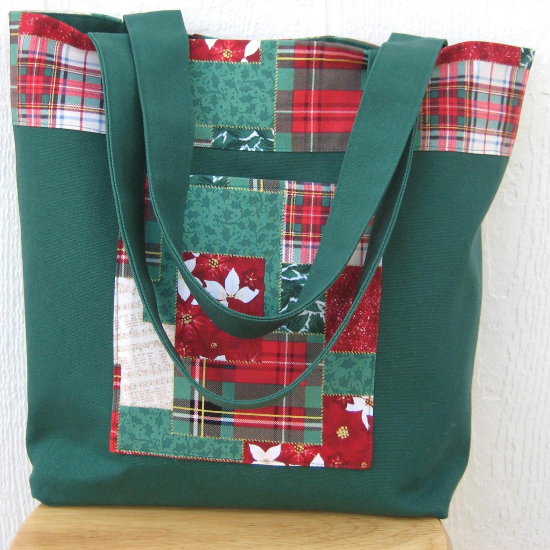 Green Canvas Shopping Bag, Red, Green, White Christmas Plaid Patchwork, Reusable Duck Cloth Tote, USA Handmade