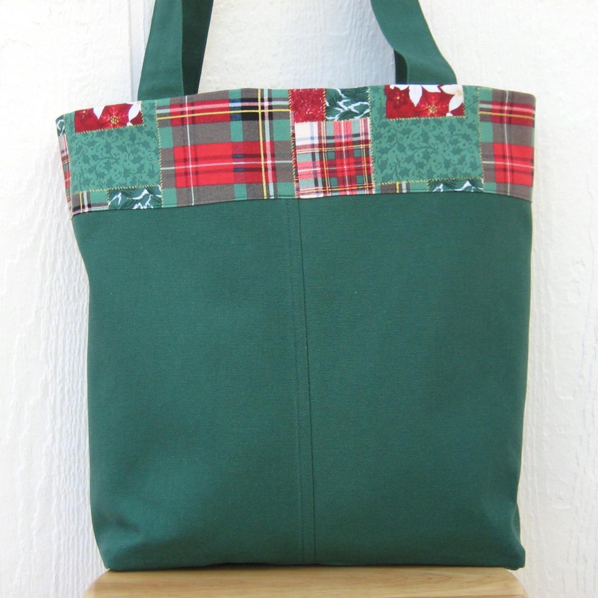Green Canvas Shopping Bag, Red, Green, White Christmas Plaid Patchwork, Reusable Duck Cloth Tote, USA Handmade