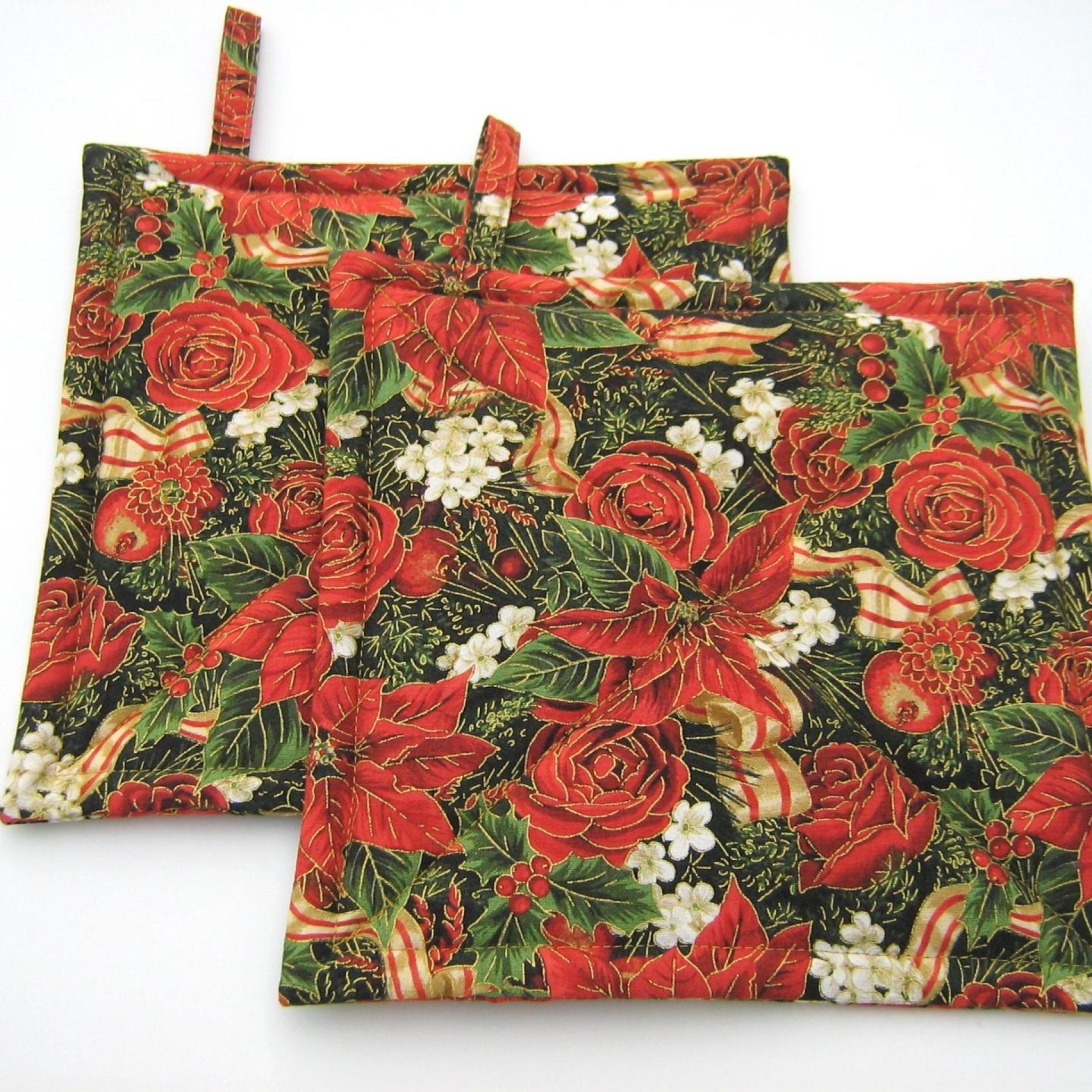 Poinsettia Potholders, Red Roses, Holly, Pomegranate, Holiday Quilted Hot Pads, USA Made Stocking Stuffer, Hostess Gift