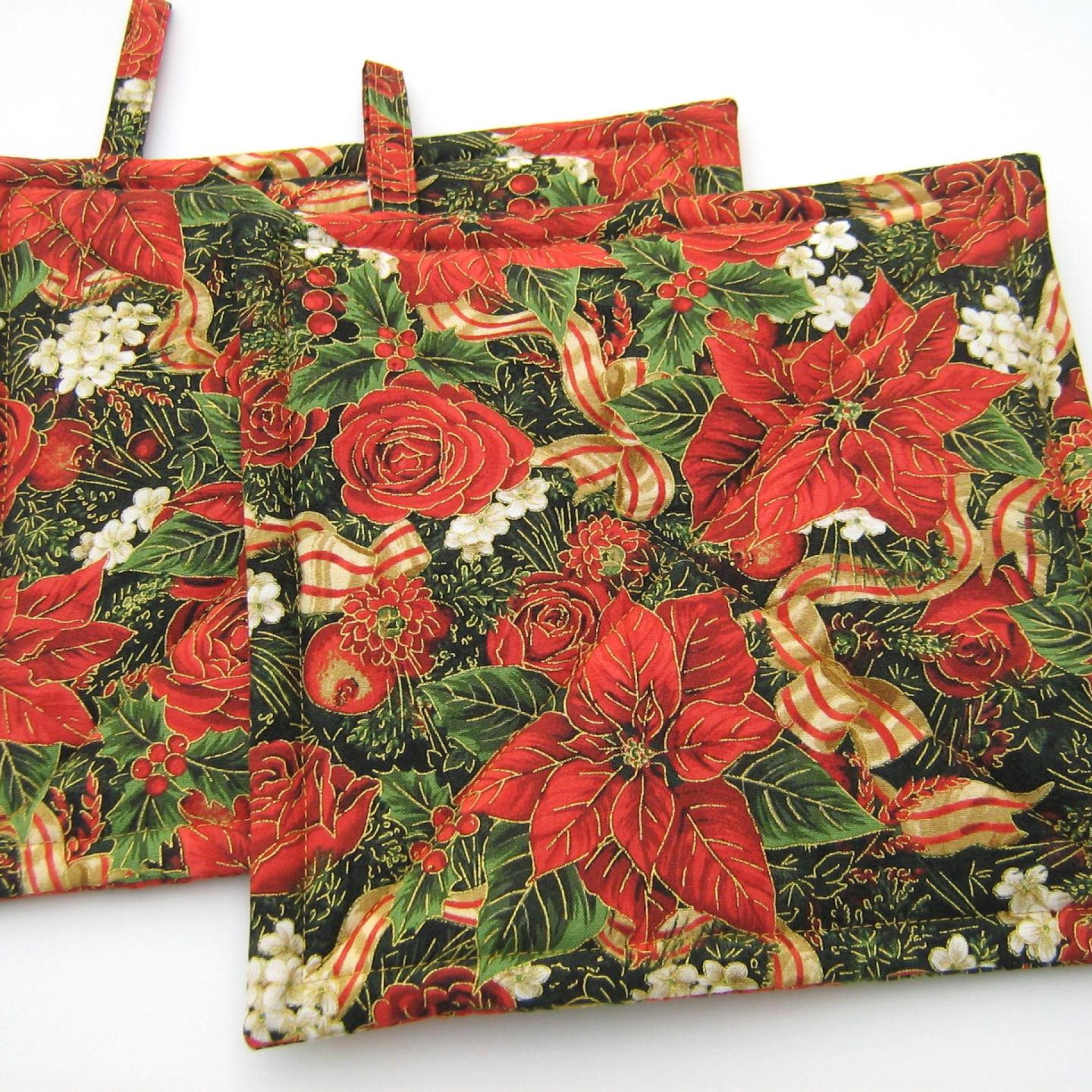 Poinsettia Potholders, Red Roses, Holly, Pomegranate, Holiday Quilted Hot Pads, USA Made Stocking Stuffer, Hostess Gift