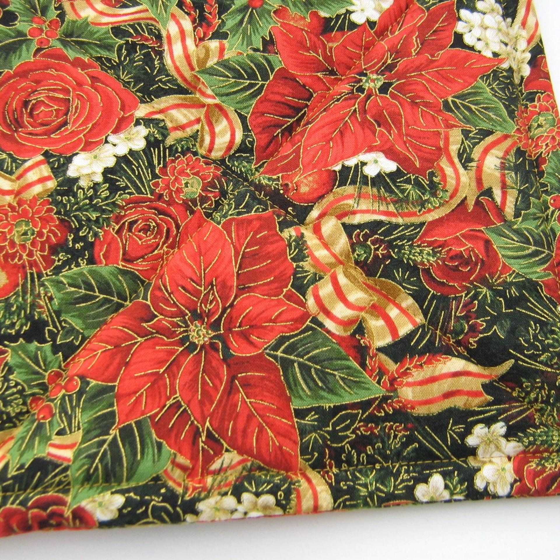 Poinsettia Potholders, Red Roses, Holly, Pomegranate, Holiday Quilted Hot Pads, USA Made Stocking Stuffer, Hostess Gift